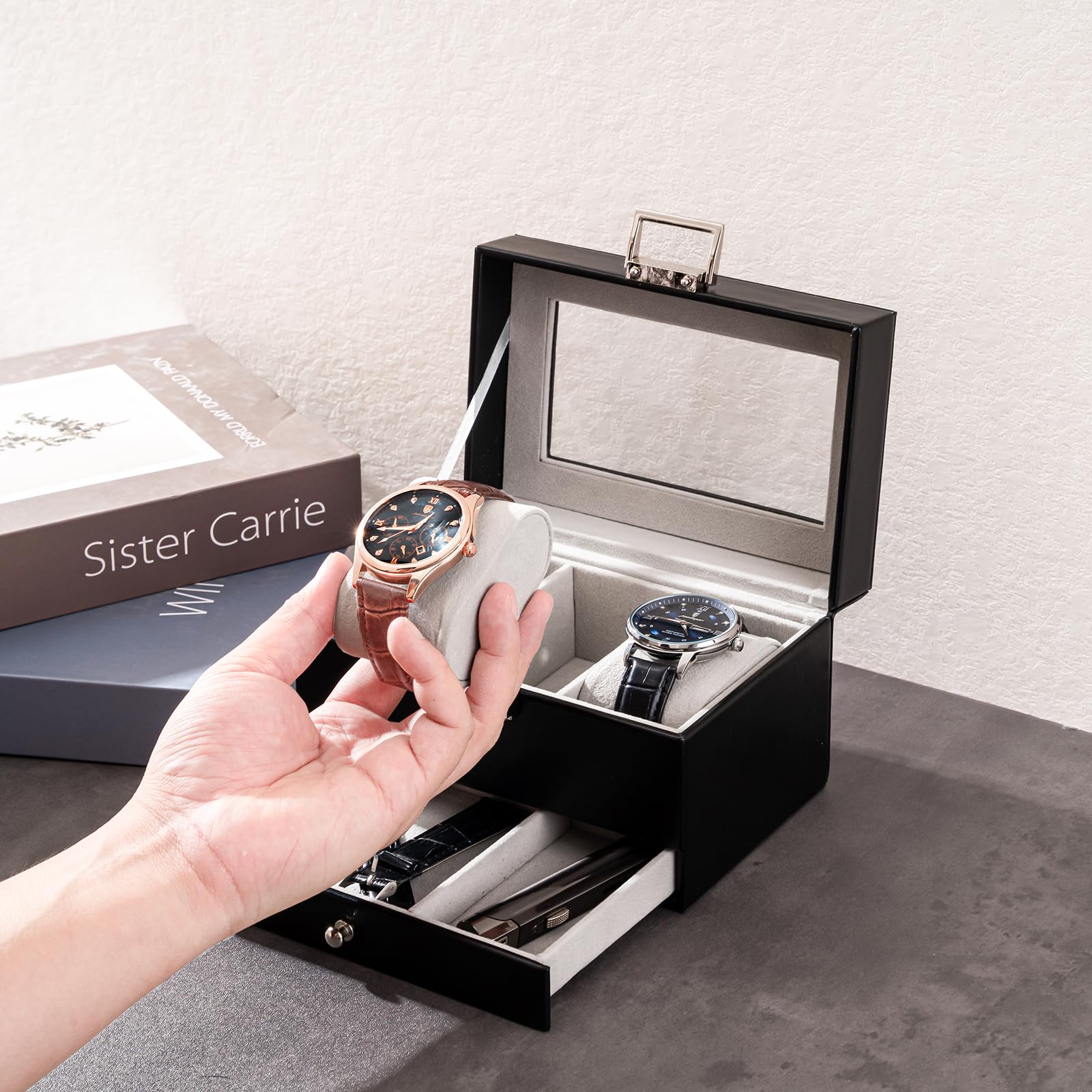 Lolalet Watch Box Uhrenbox Schwarz 3 Fächer mit Glasdeckel