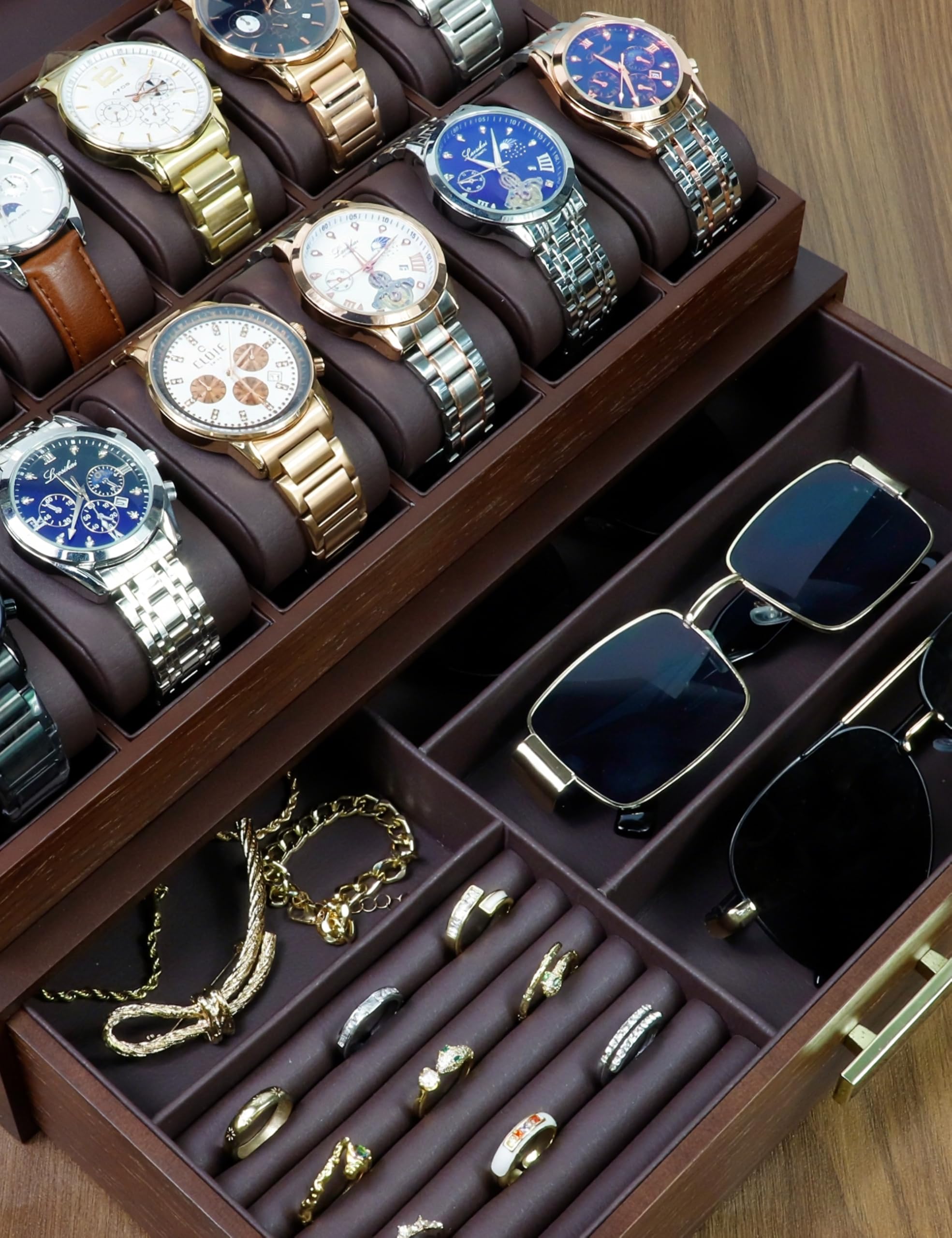 KAMIER Watch Boxes Uhrenbox 12 Fächer Walnuss Holz