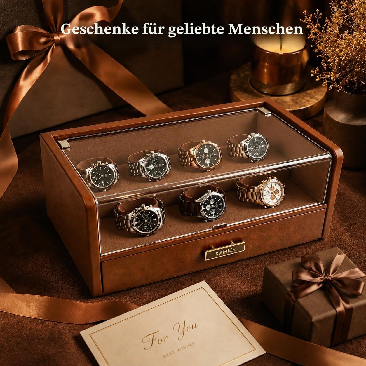 KAMIER Watch Boxes Uhrenbox Braun 7 Fächer Glasdeckel