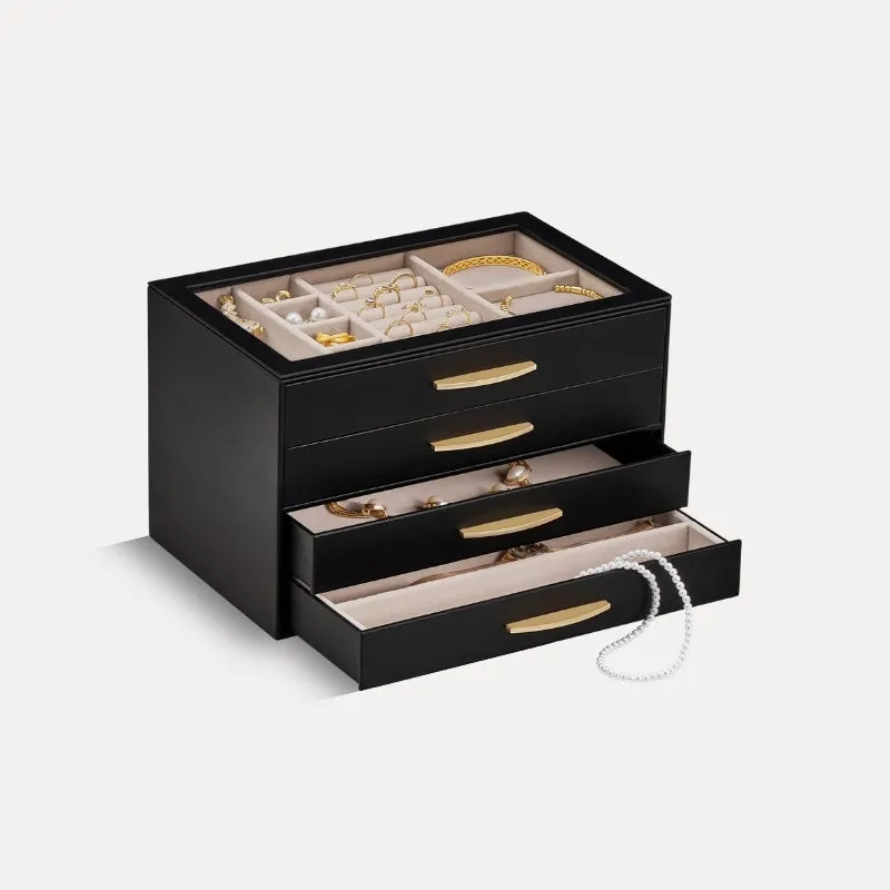 Lolalet Jewelry Box Schmuckkasten 4-lagig Schwarz Glasdeckel