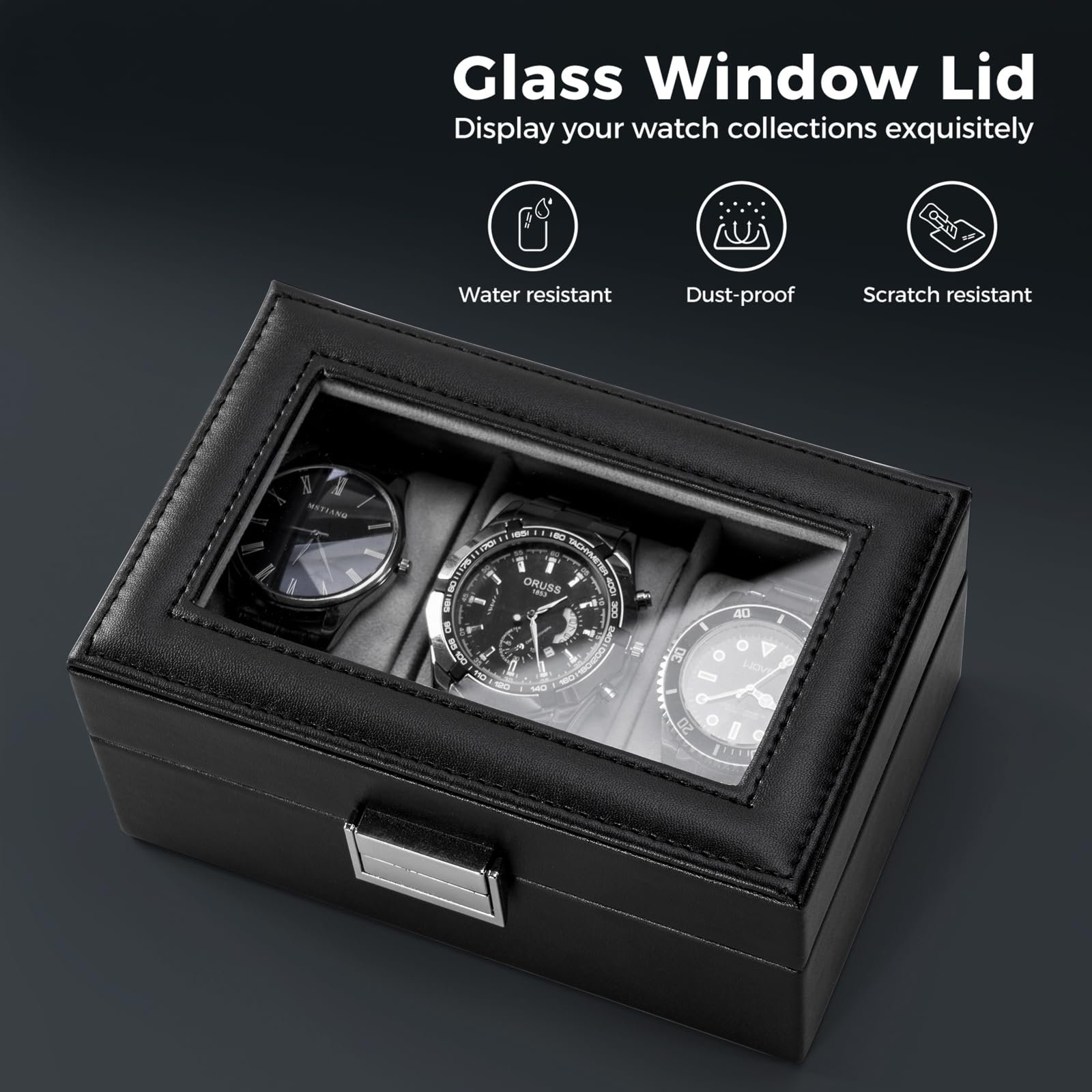Lolalet Watch Box Uhrenbox Schwarz PU Glasdeckel Kissen