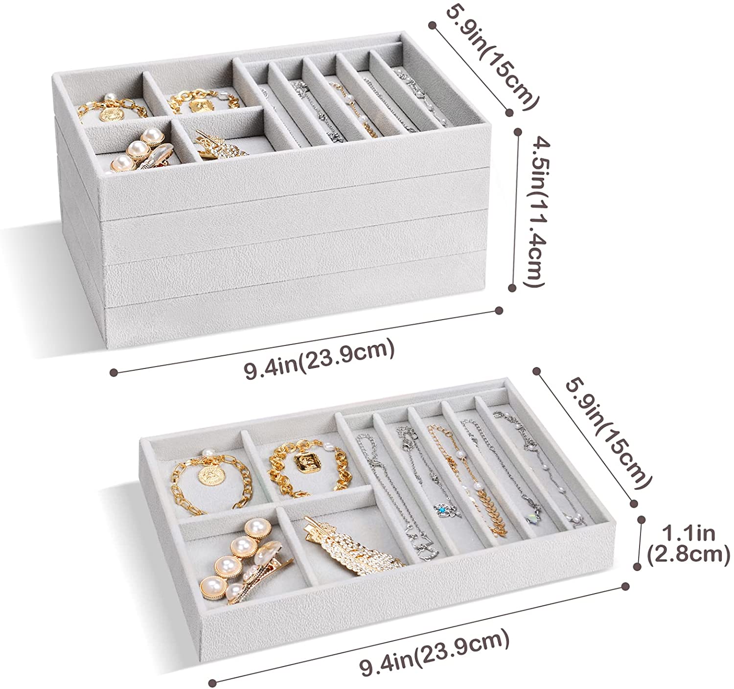 Lolalet Jewelry Tray Schmucktablett Grau 4er-Set stapelbar Samt