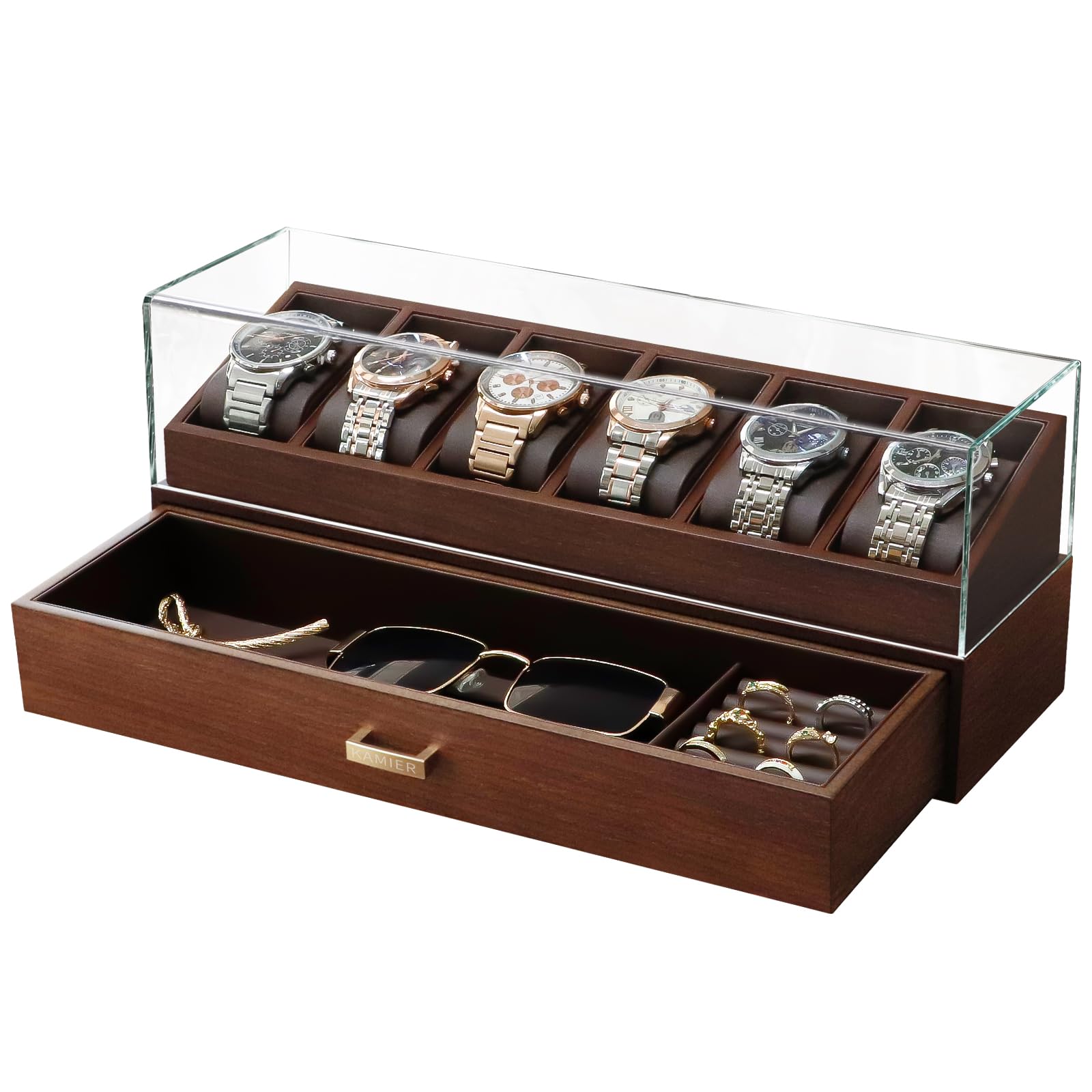 KAMIER Watch Boxes Uhrenbox Holz 6 Uhren mit Schublade Walnuss