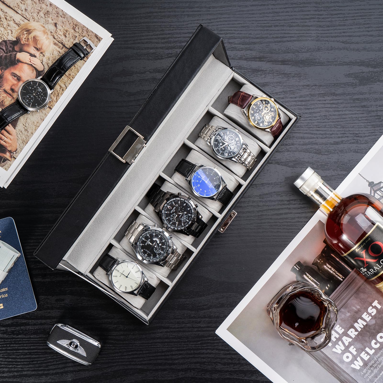 Lolalet Watch Box Uhrenbox 6 Fächer Schwarz Glasdeckel PU