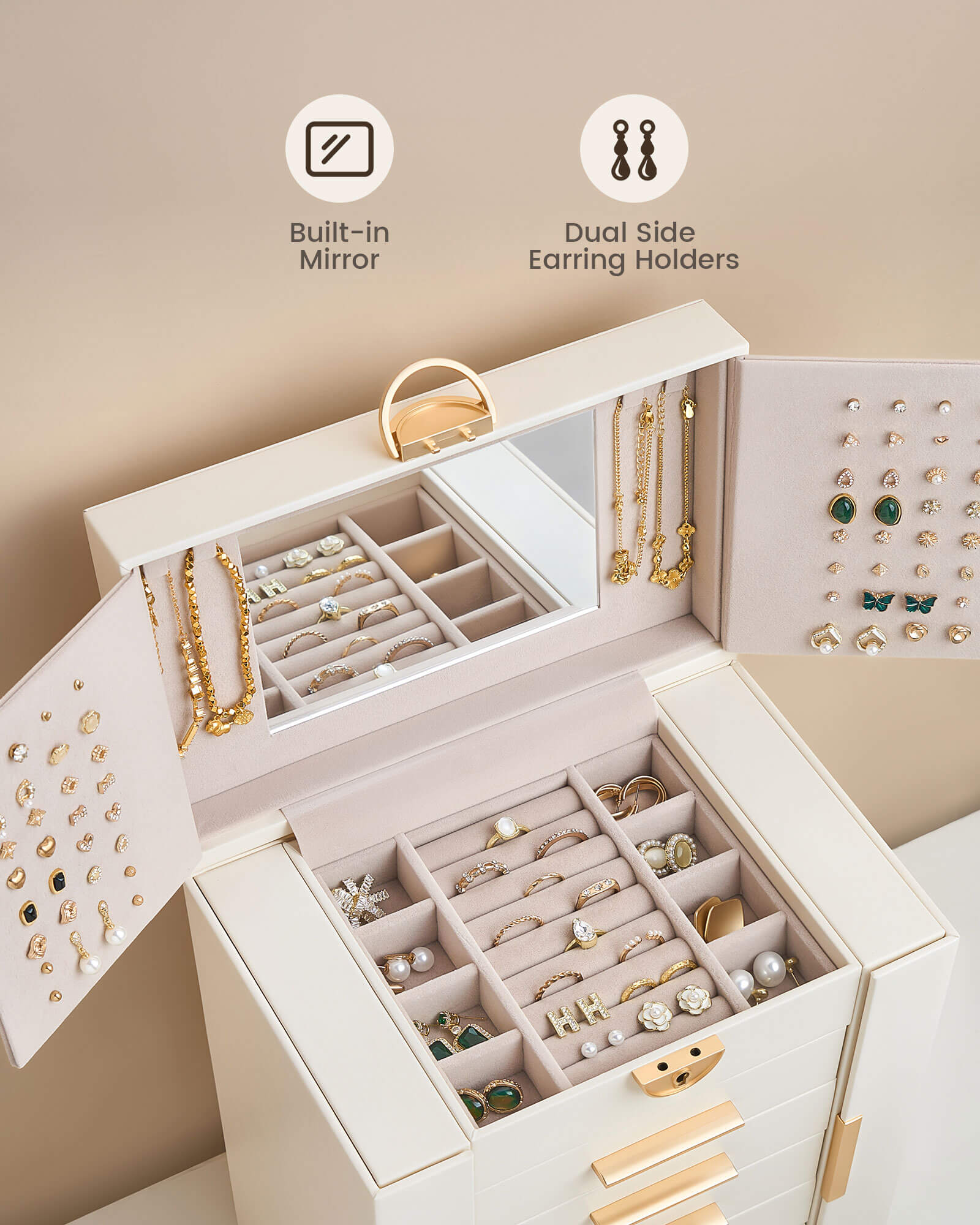Lolalet Jewelry Box Schmuckkasten beige 6 Lagen mit Spiegel