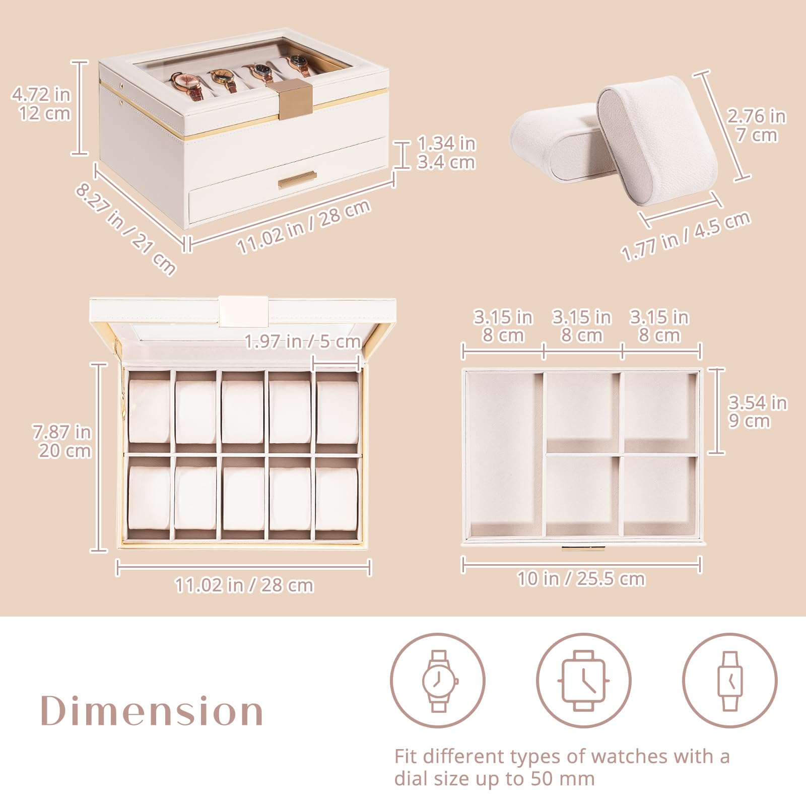 Lolalet Watch Box Uhrenbox Schwarz 10 Fächer mit Schublade
