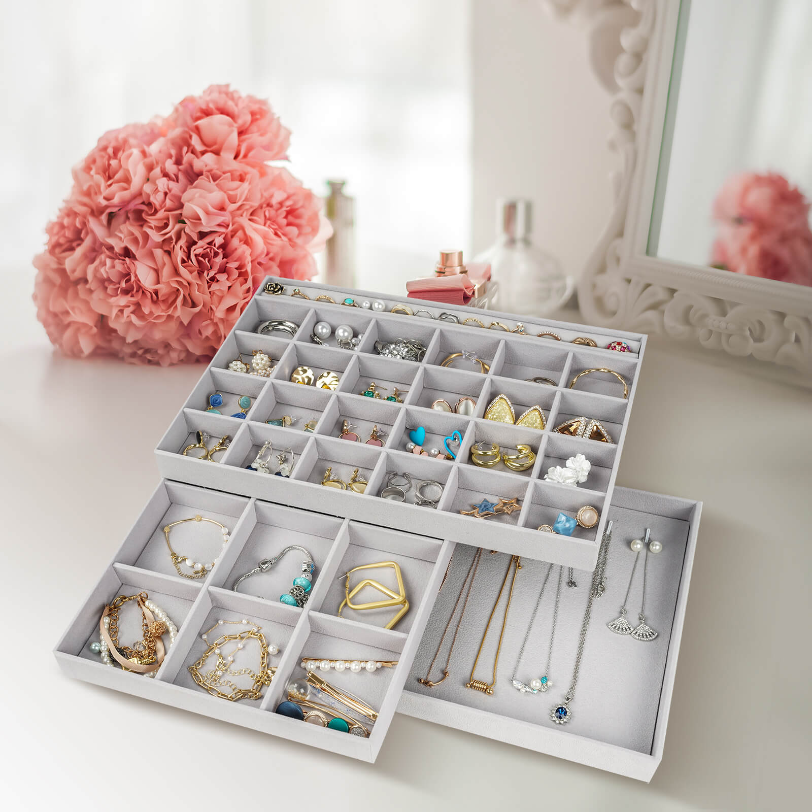 Lolalet Jewelry Tray Schmucktablett Grau 4er-Set stapelbar Samt