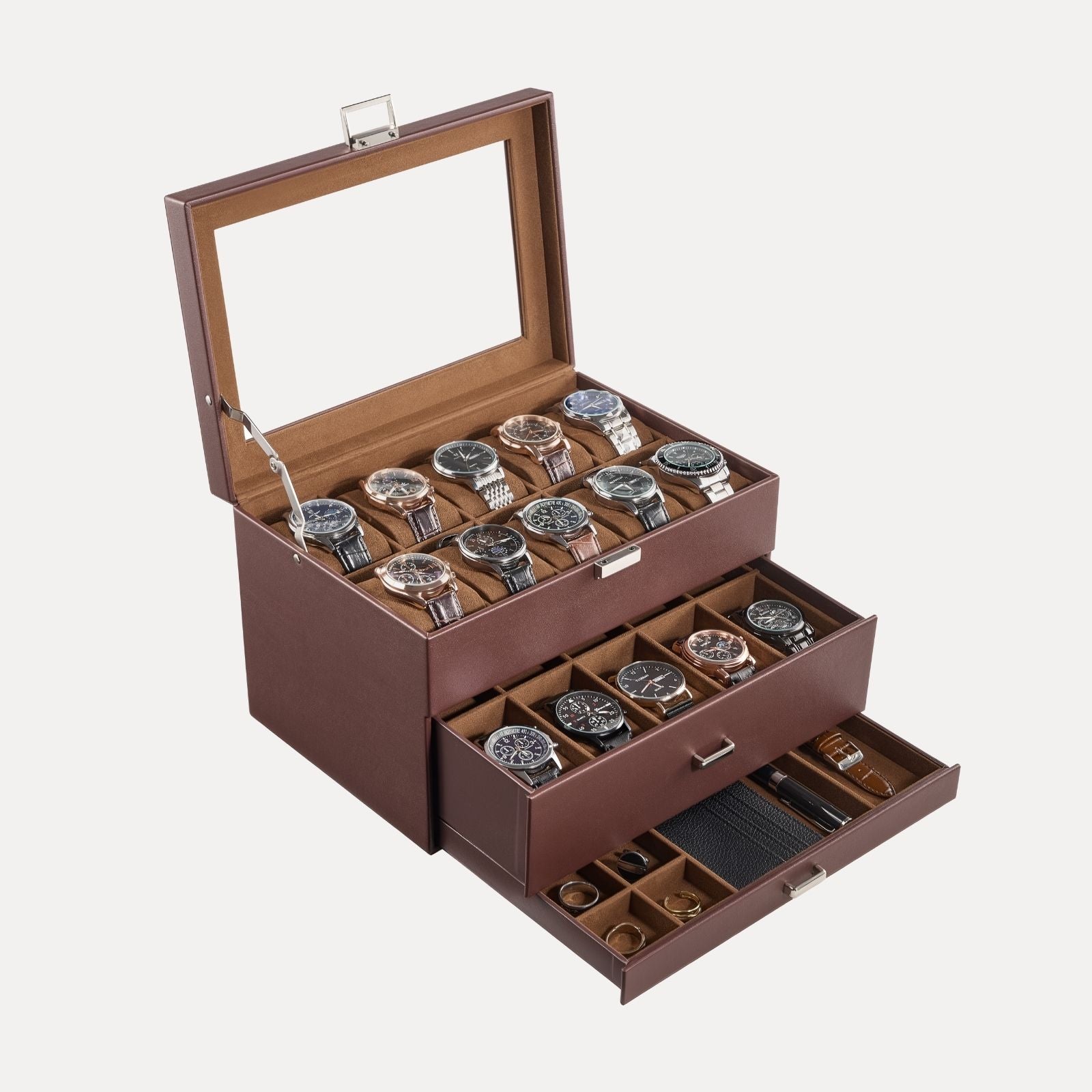 Lolalet Watch Box 3-Layer 20 Slots Uhrenbox Schwarz Glasdeckel