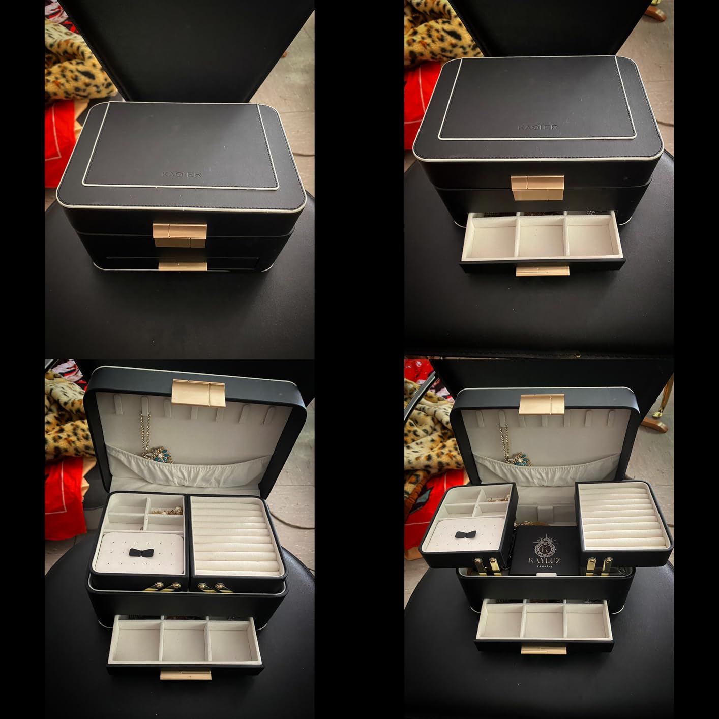 KAMIER Large Jewelry Boxes Schmuckkästchen 3 Ebenen PU-Leder