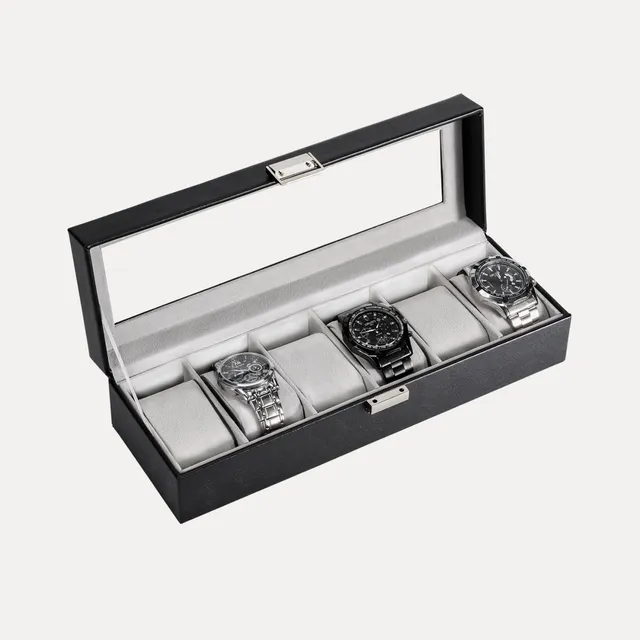 Lolalet Watch Box Uhrenbox 6 Fächer Schwarz Glasdeckel PU