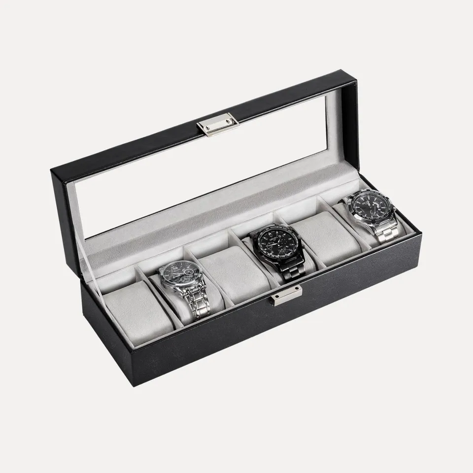 Lolalet Watch Box Uhrenbox 6 Fächer Schwarz Glasdeckel PU
