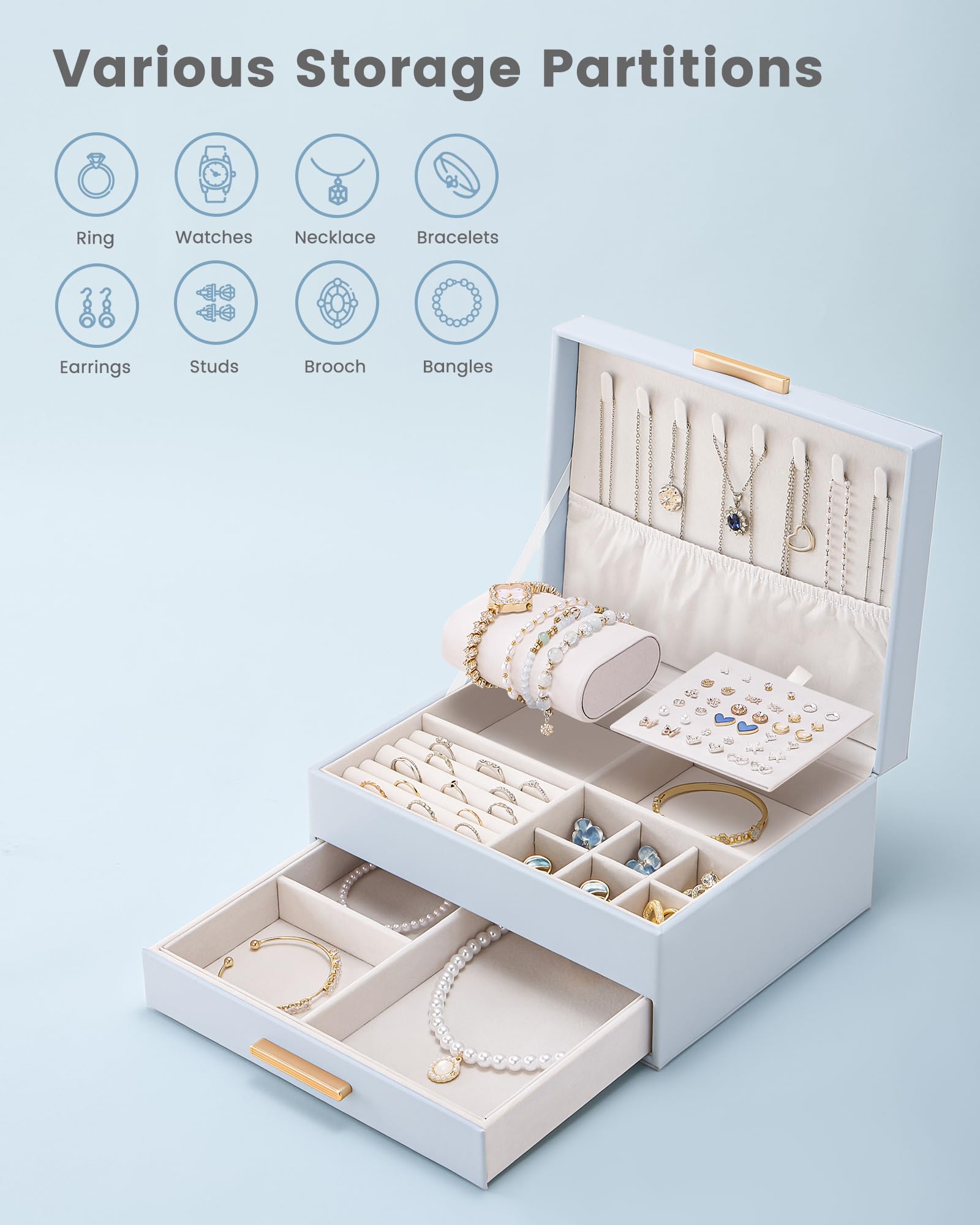 Lolalet Jewelry Box Schmuckkasten Weiß 2-lagig Samt