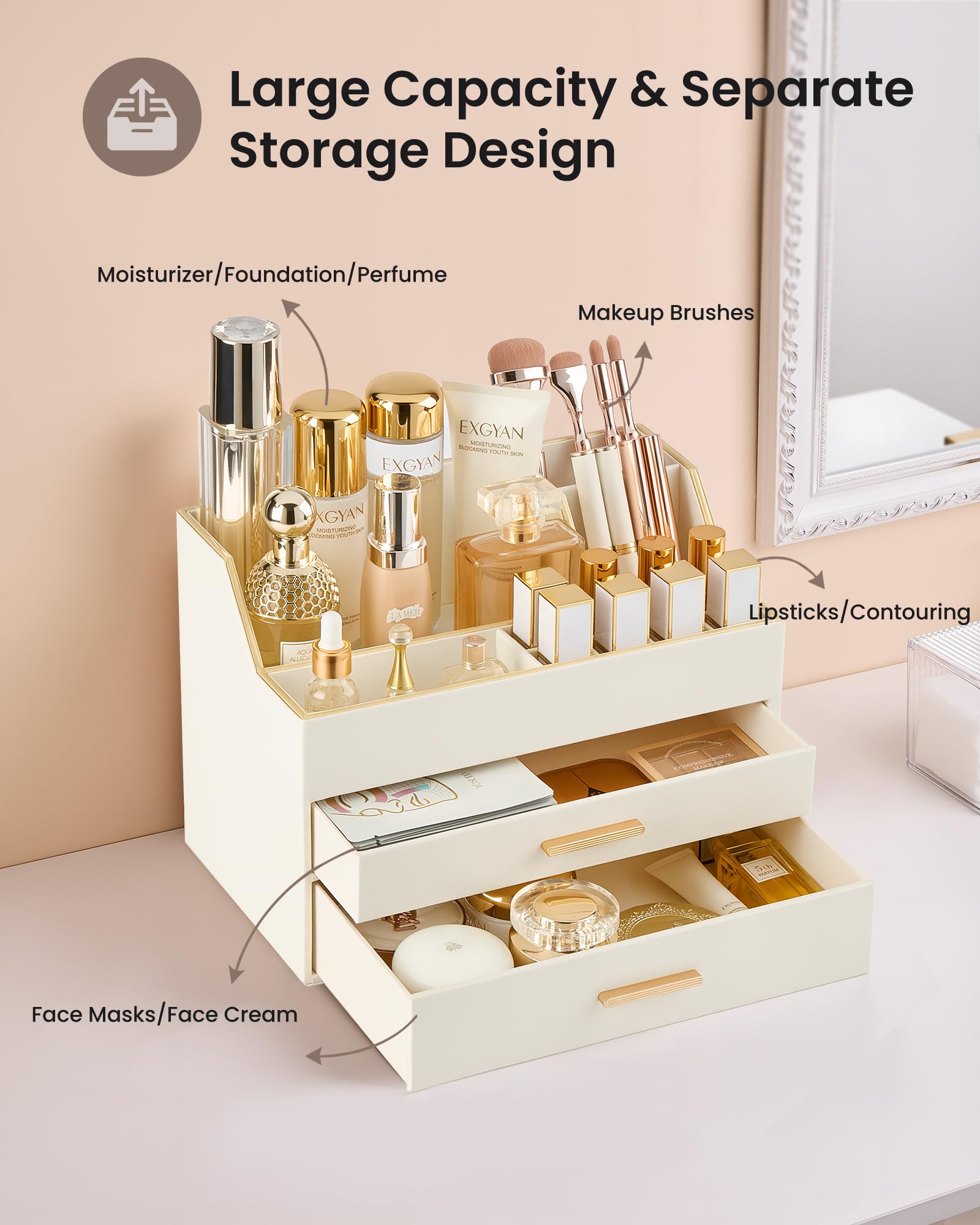 Lolalet Makeup Organizer Schminktisch 2 Schubladen Leder Gold