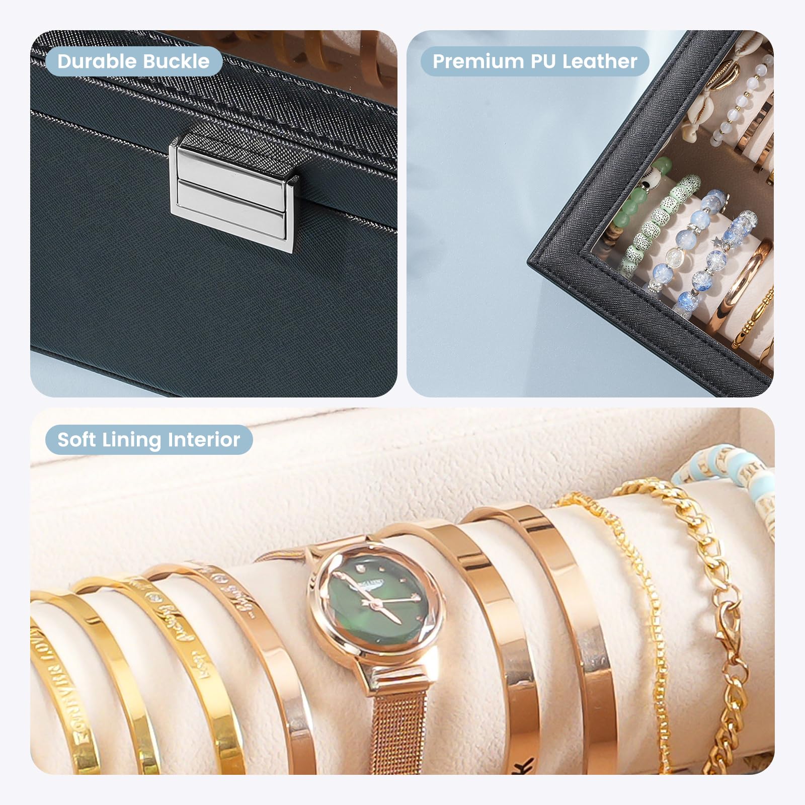Lolalet Jewelry Box Armband Box Schwarz 2 Rollen mit Glasdeckel