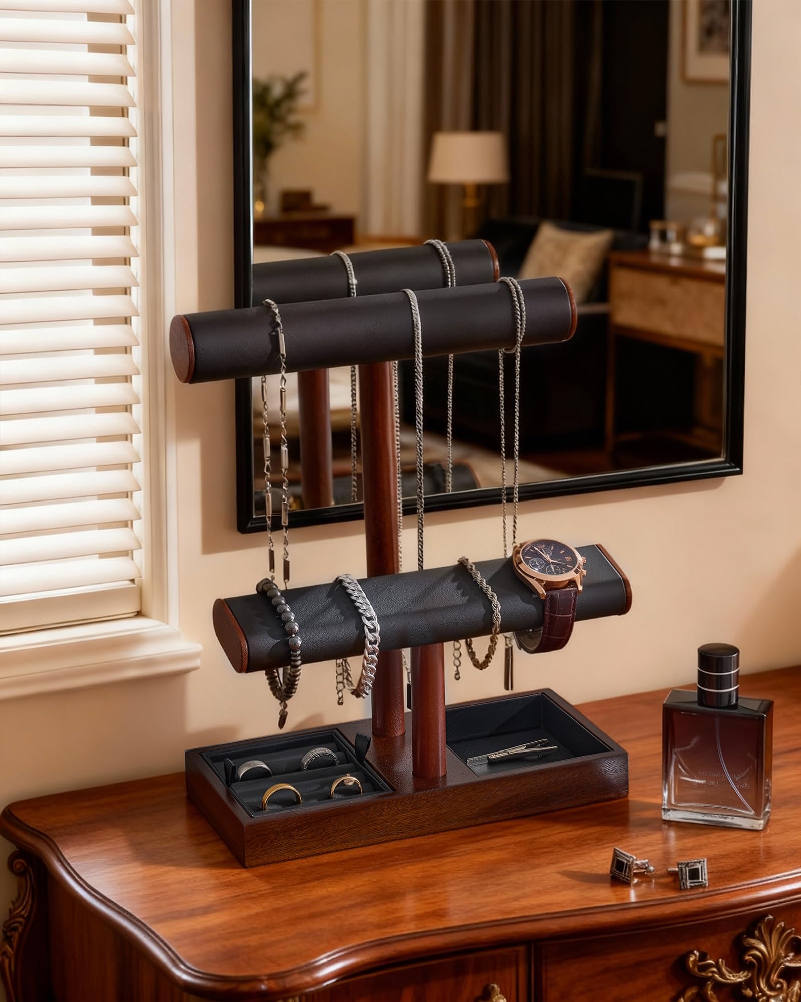 Lolalet Jewelry Stand Uhrenständer Holz Braun T-Bar Leder