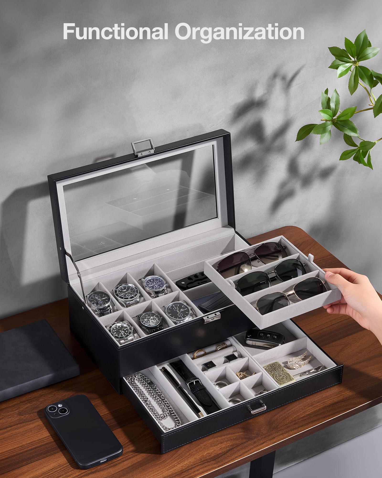 Lolalet Jewelry Box Schmuckkasten Grau 6 Uhren Glasdeckel