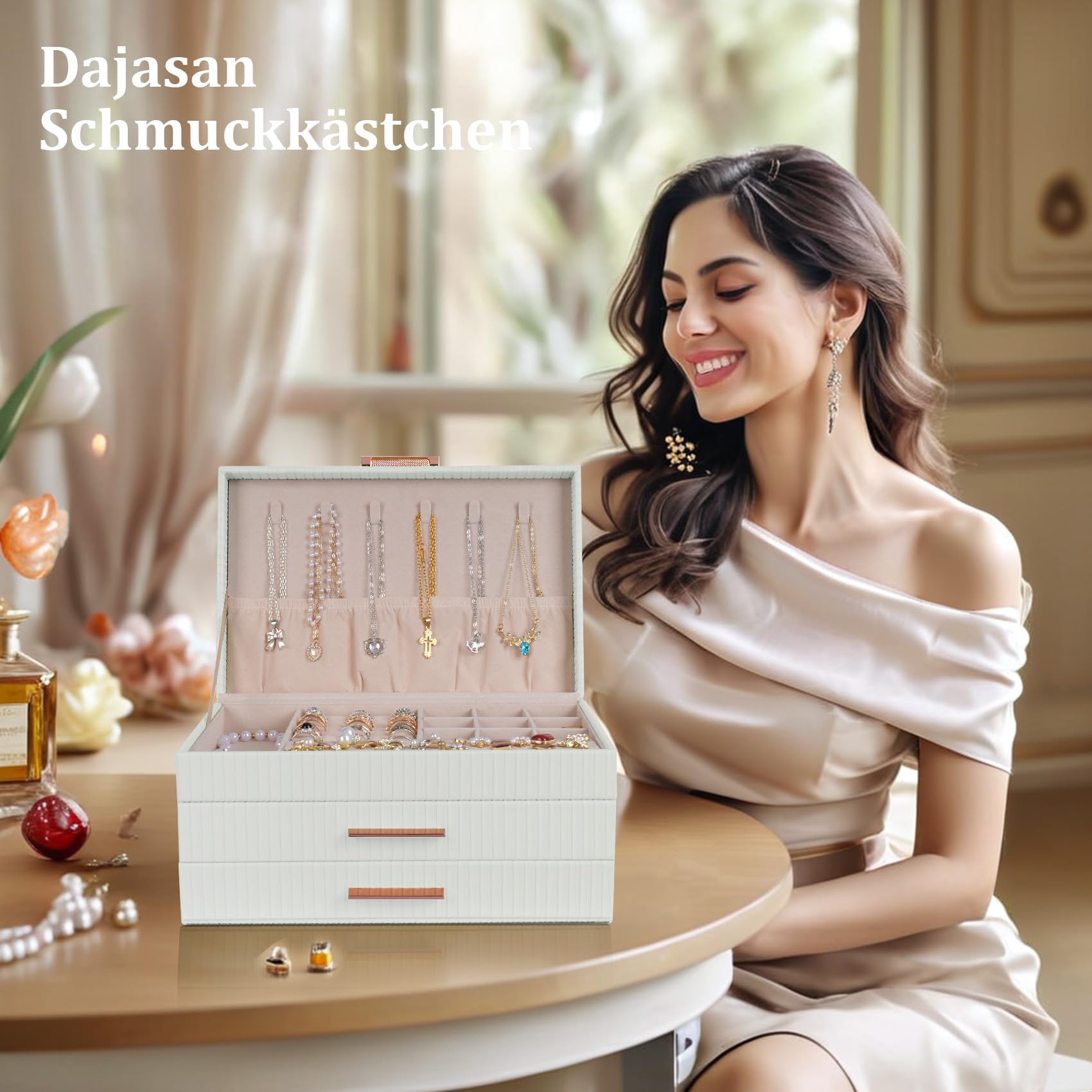 Dajasan Large Jewelry Box Schmuckkästchen Weiß 3 Ebenen Leder