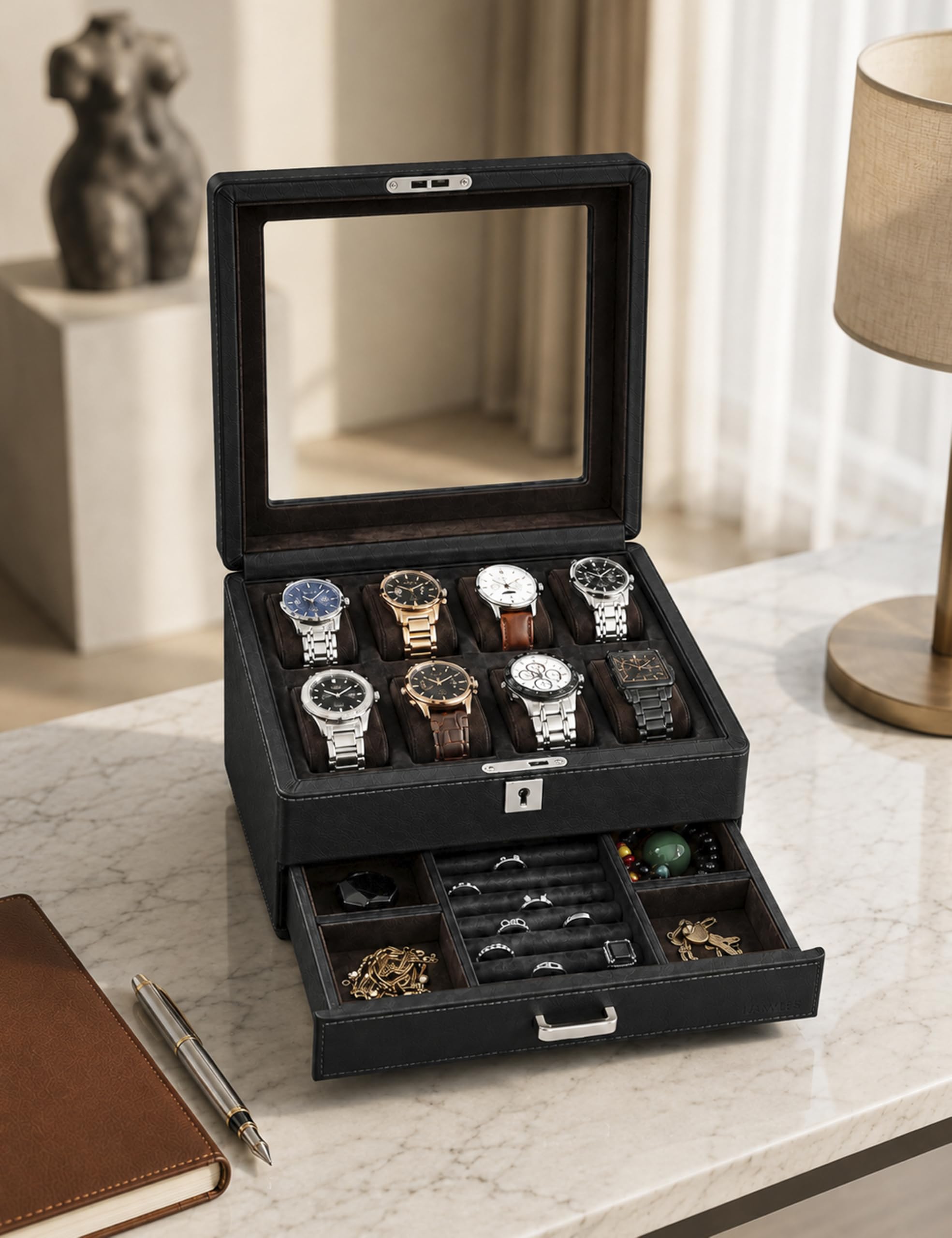 KAMIER Watch Boxes Uhrenbox 8 Uhren Schwarz 2 Ebenen