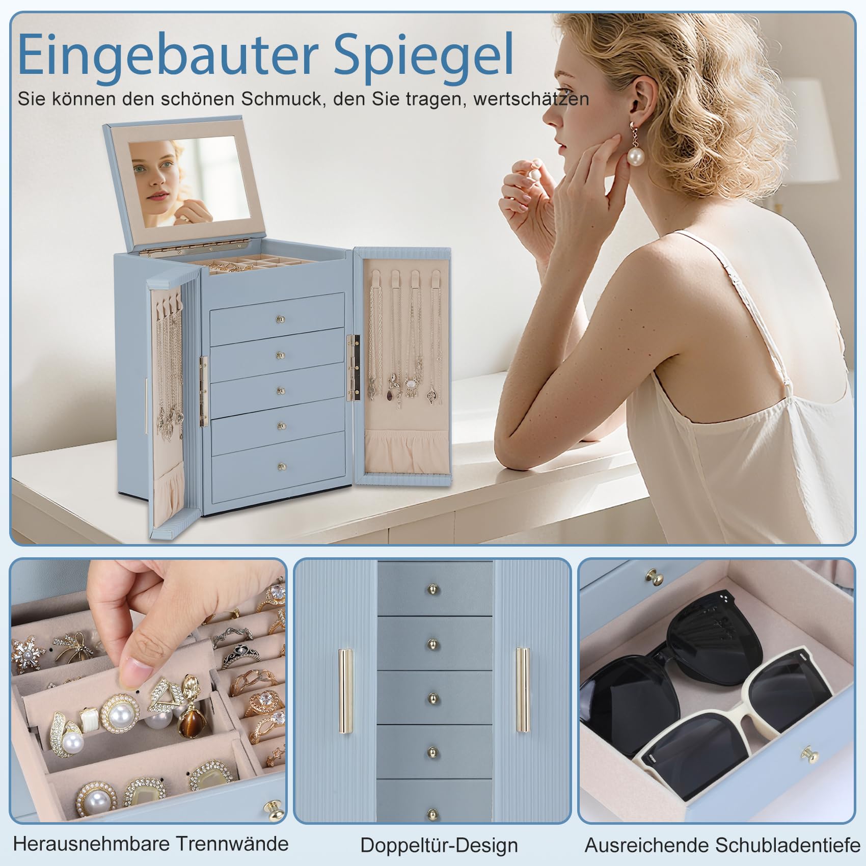 Dajasan Large Schmuckkästchen blau 6 Ebenen Spiegel