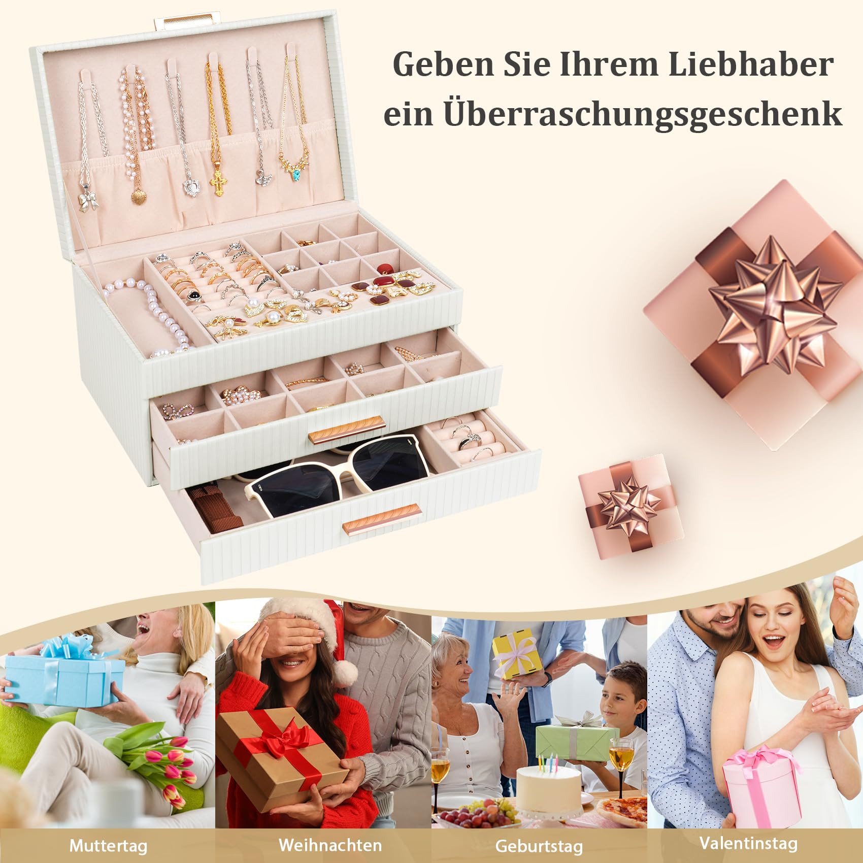 Dajasan Large Jewelry Box Schmuckkästchen Weiß 3 Ebenen Leder