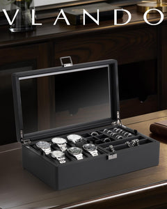 VLANDO Quiet Luxe Uhrenbox 6 Fächer Glasdeckel Leder