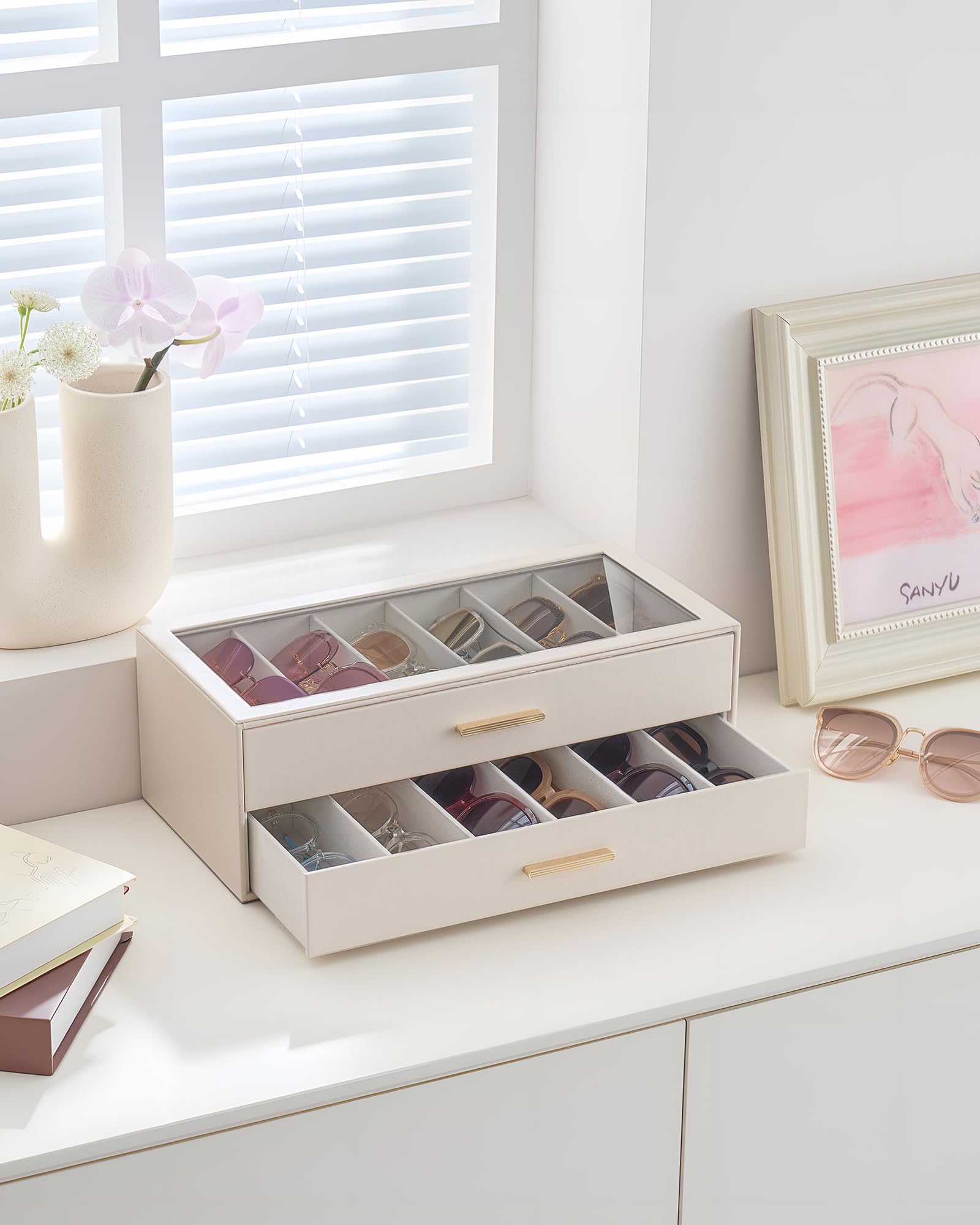 Lolalet Sunglass Box Brillenbox Beige 12 Fächer Glasdeckel