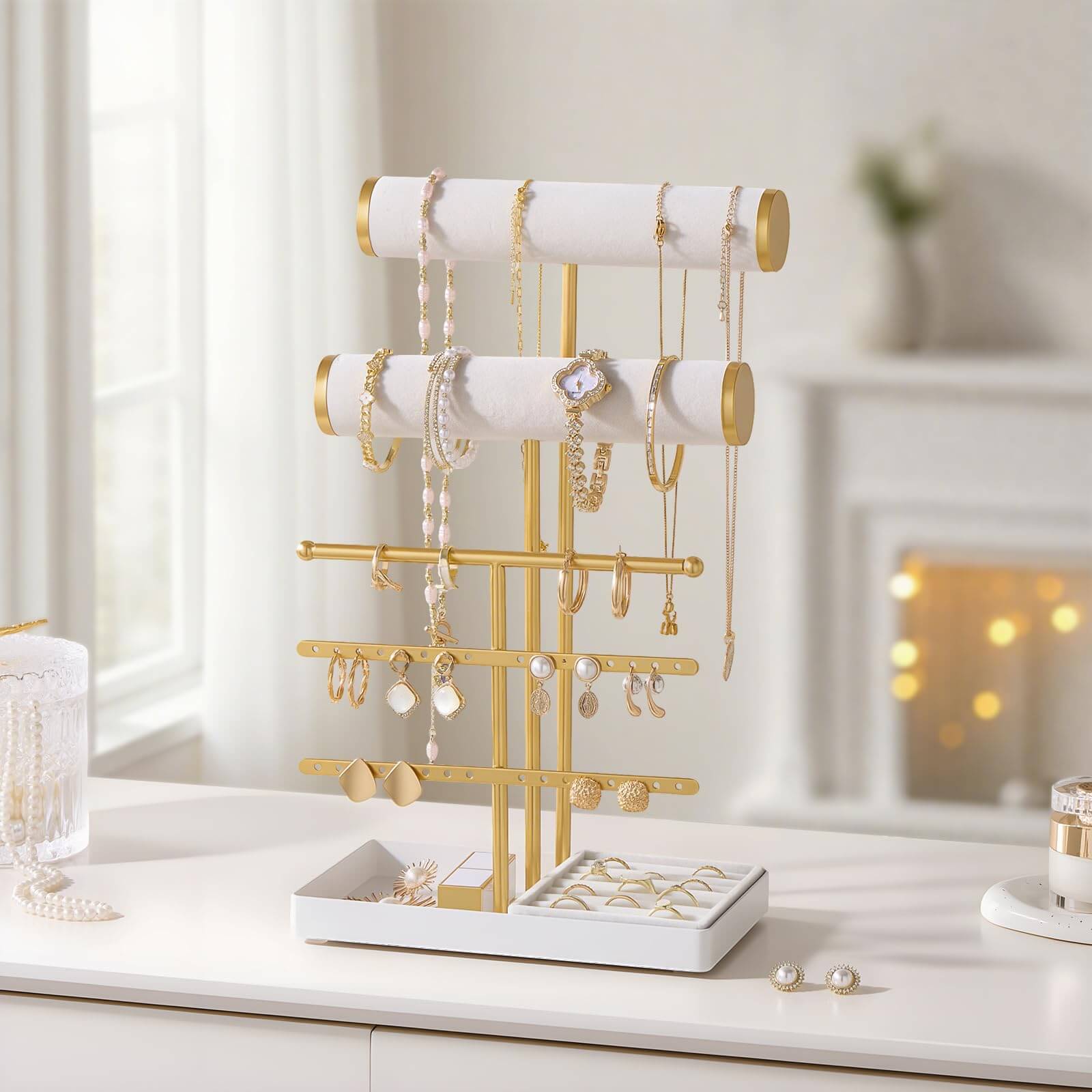 Lolalet Jewelry Stand Schmuckständer 5 Ebenen Weiß Samt