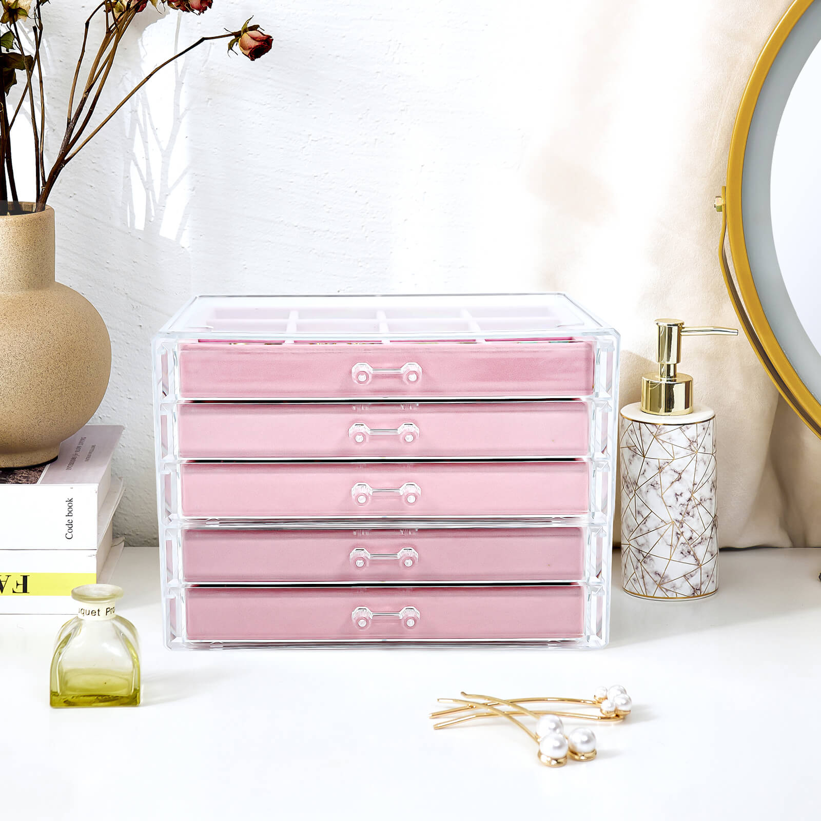 Lolalet Jewelry Box Schmuckkasten Rosa 5 Ebenen Acryl Transparent