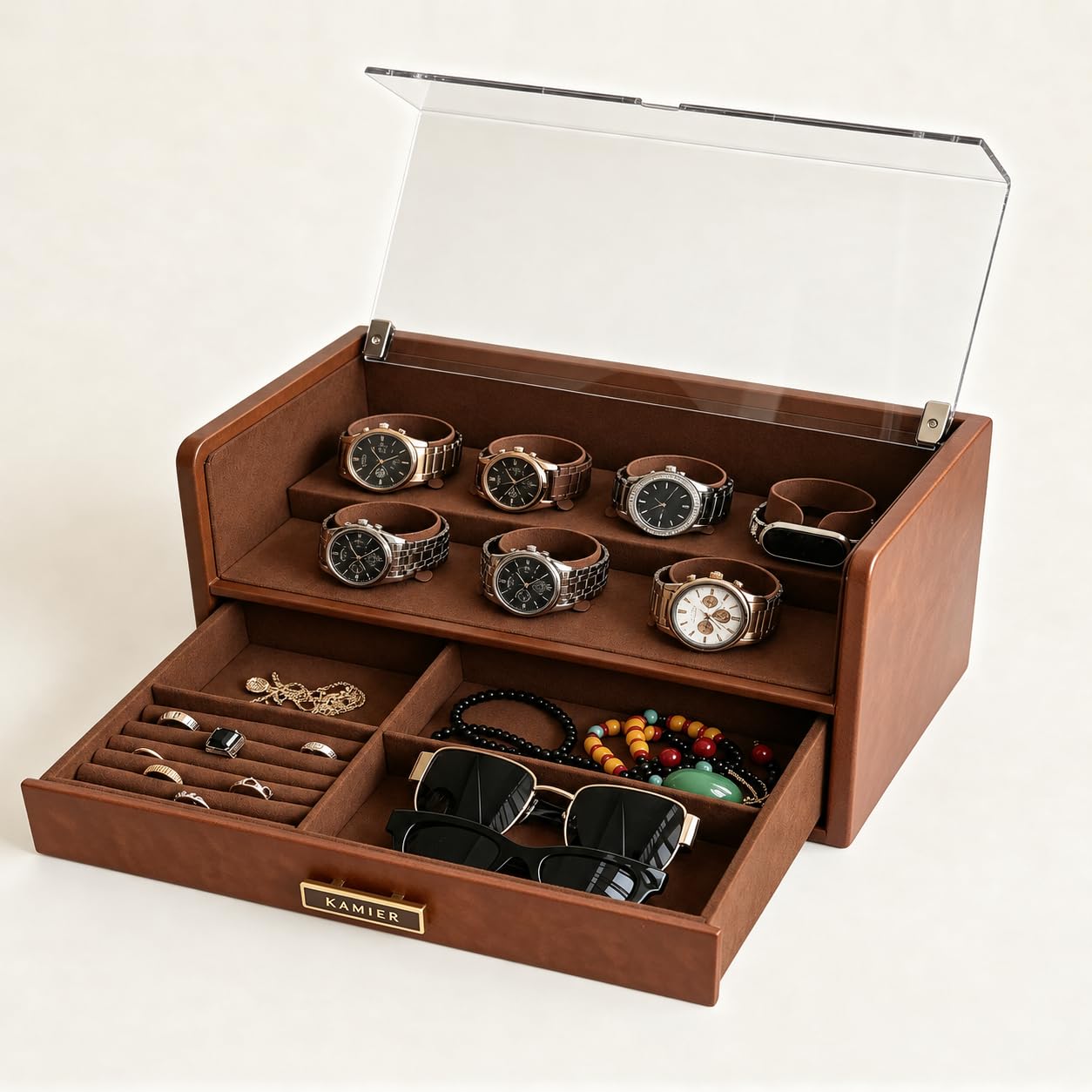 KAMIER Watch Boxes Uhrenbox Braun 7 Fächer Glasdeckel