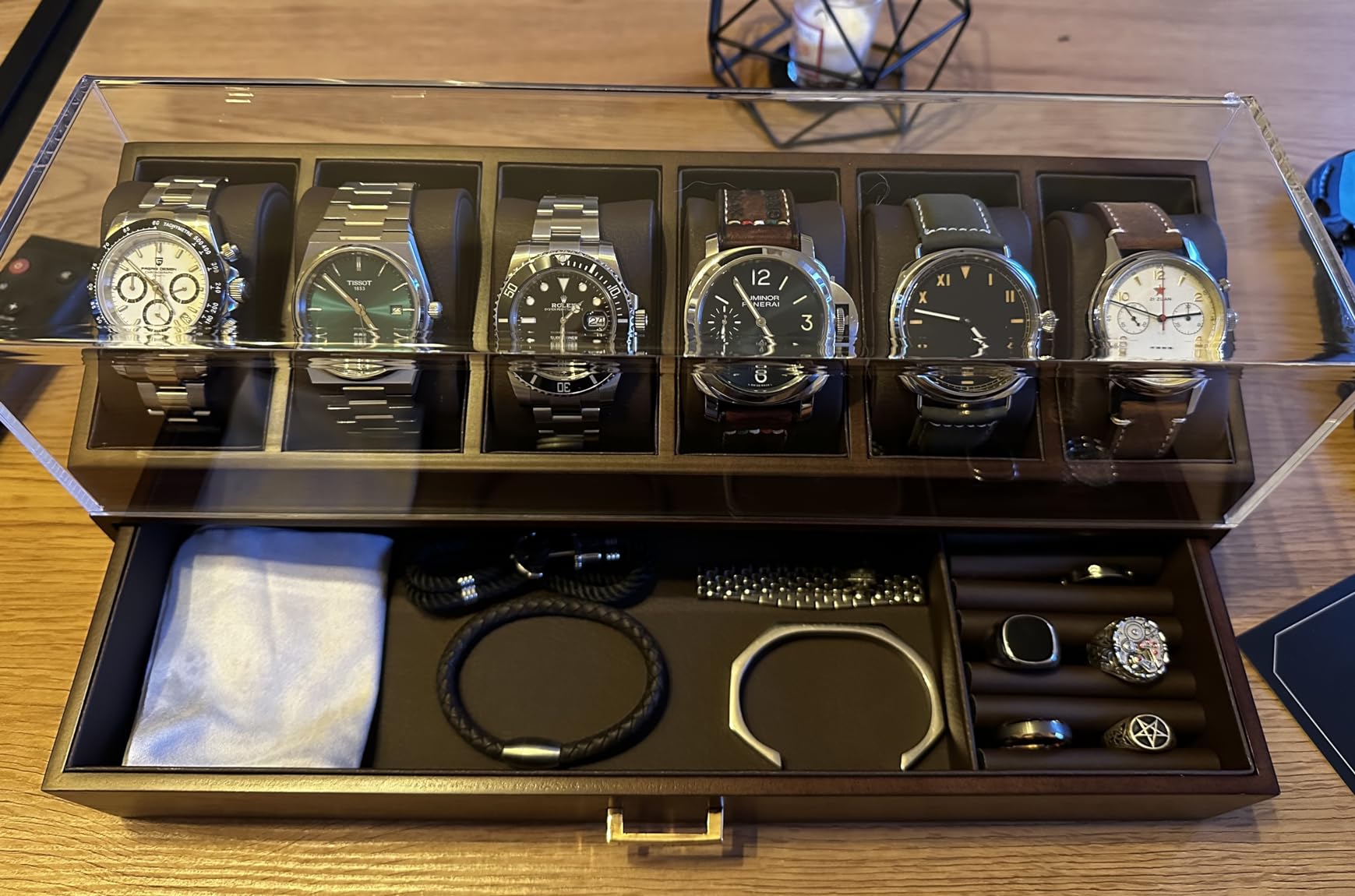 KAMIER Watch Boxes Uhrenbox Holz 6 Uhren mit Schublade Walnuss