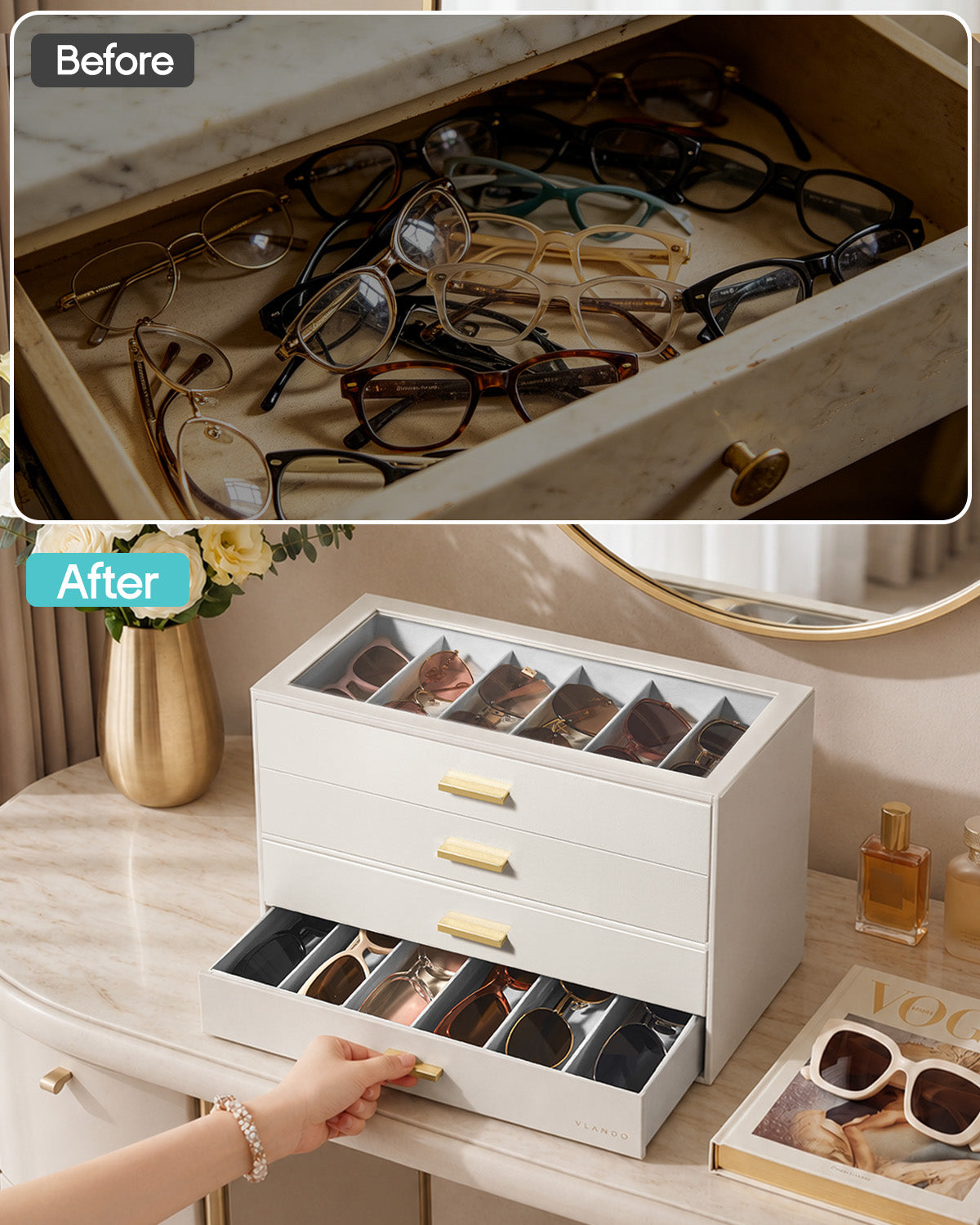 VLANDO Everyday Keepsake Brillenbox 4-stöckig 24 Fächer Cremeweiß