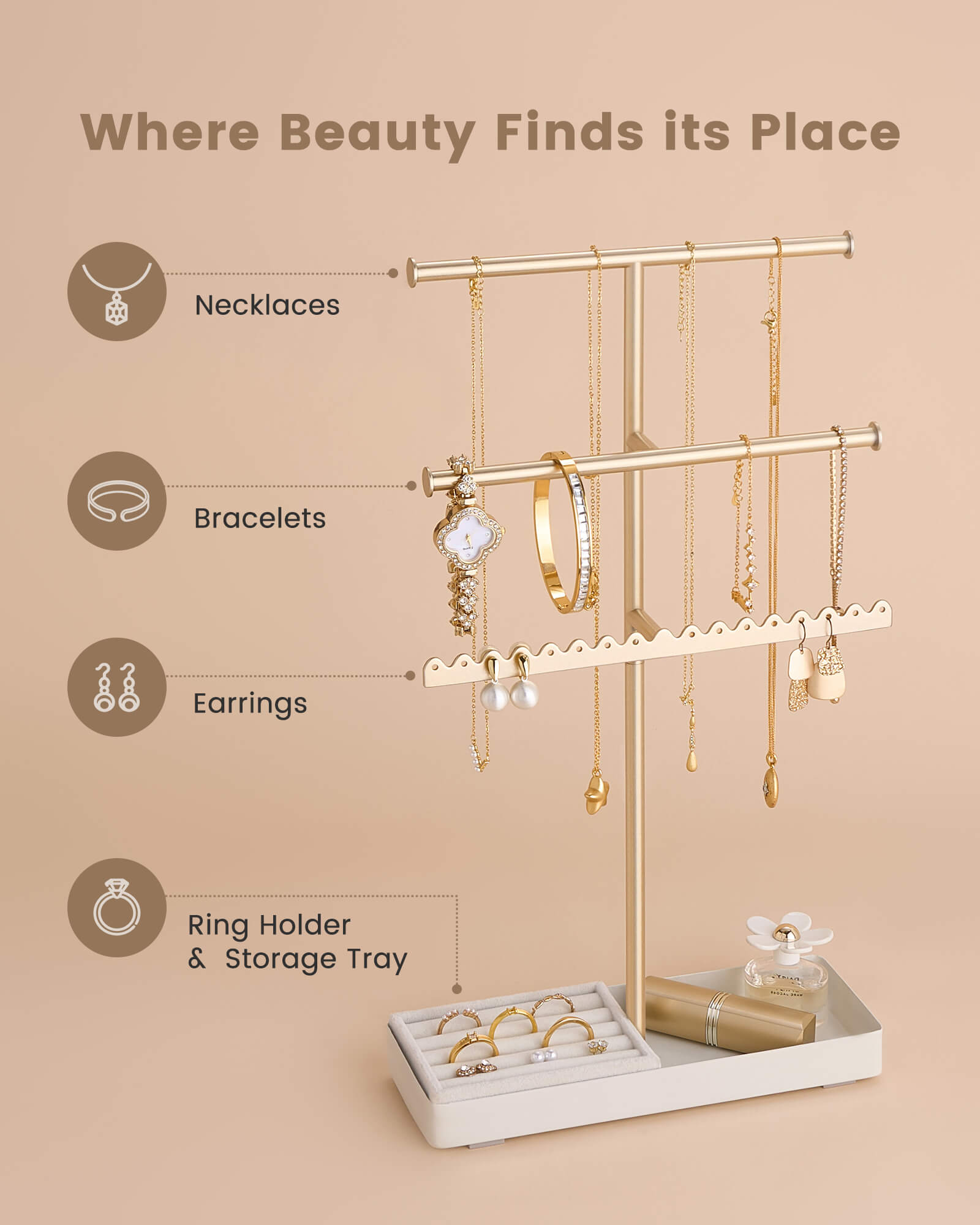 Lolalet Jewelry Stand Schmuckständer Gold 4 Etagen Metall