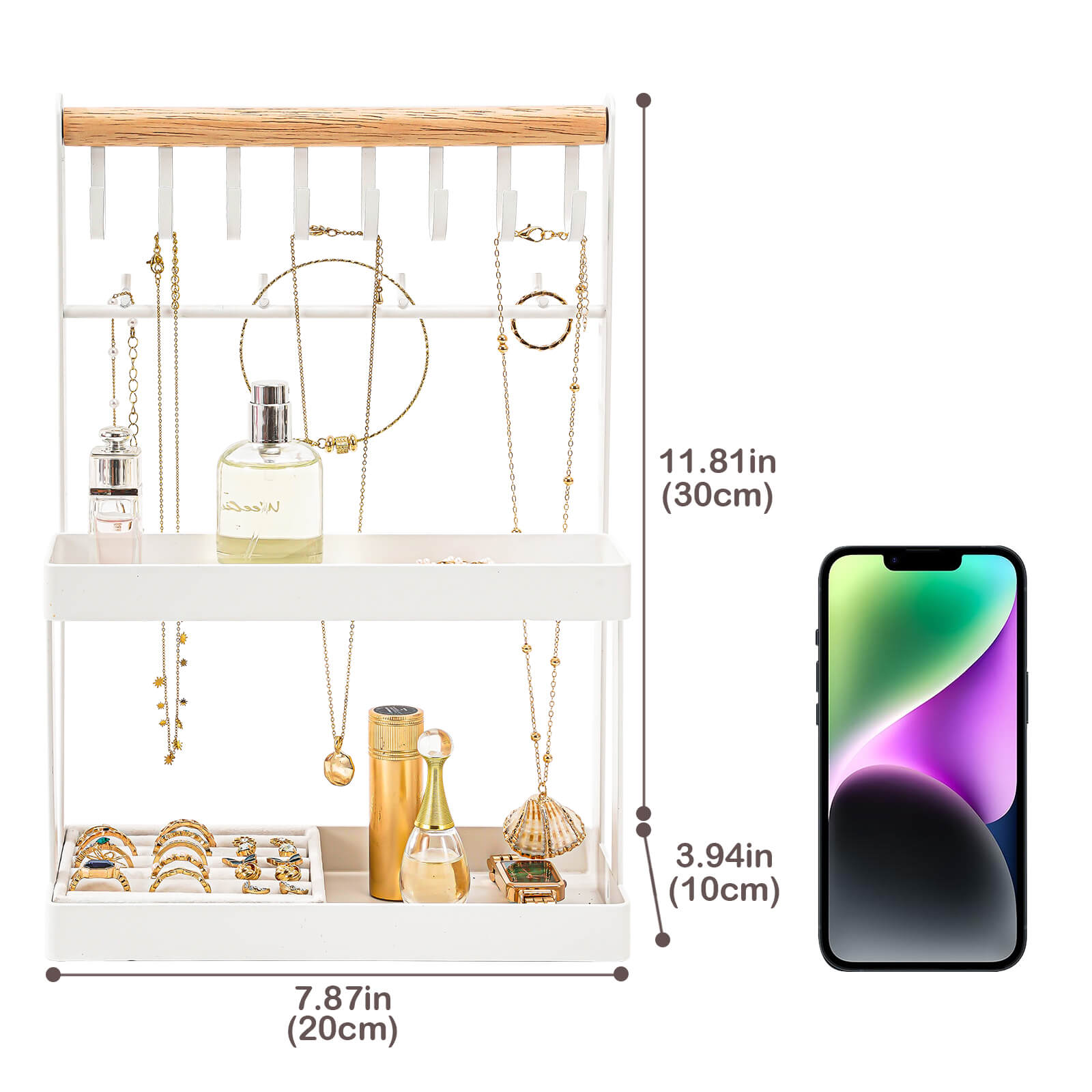 Lolalet Jewelry Stand Schmuckständer Weiß 12 Haken mit Ablage