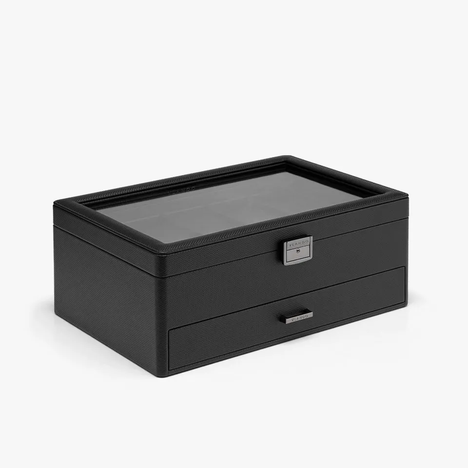 VLANDO His Essentials Uhrenbox 10 Fächer Leder Glas Display