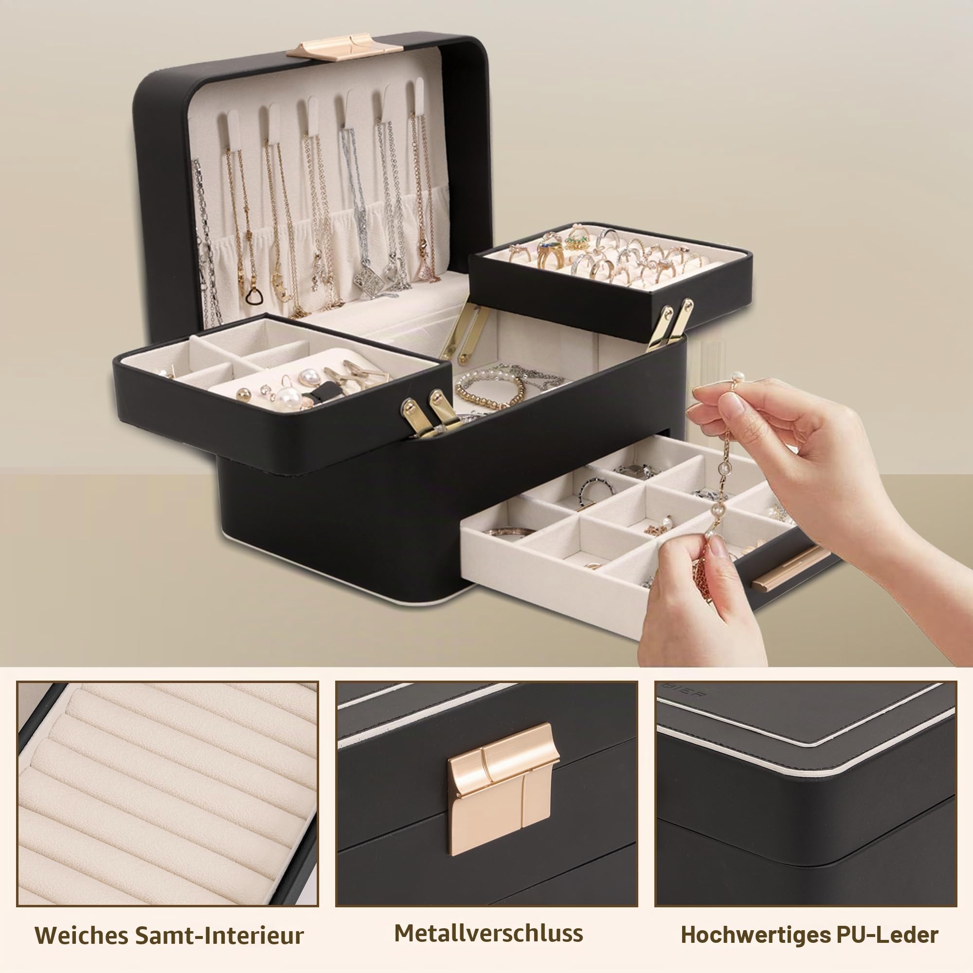 KAMIER Large Jewelry Boxes Schmuckkästchen 3 Ebenen PU-Leder