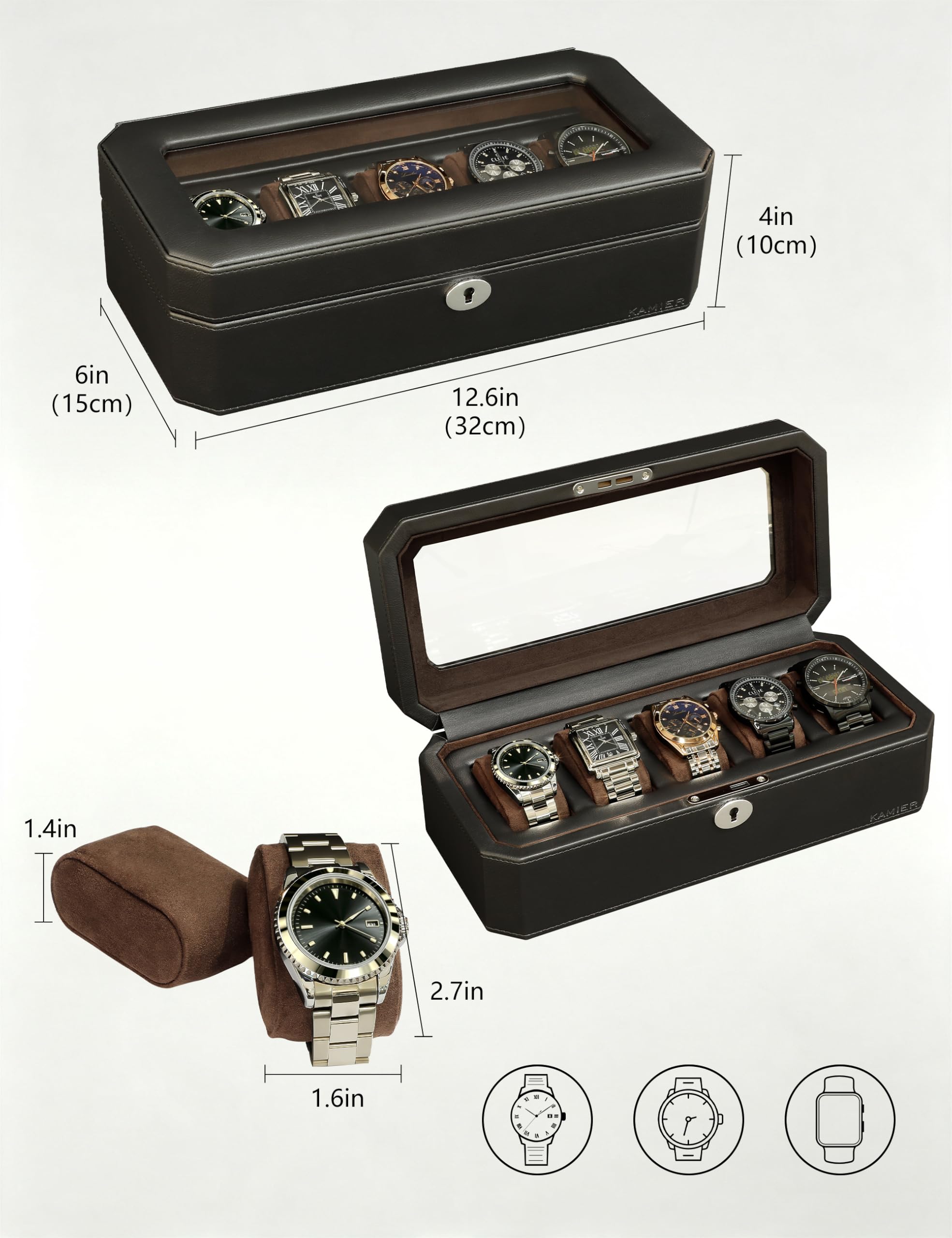 KAMIER Watch Boxes Uhrenbox 5 Fächer Schwarz PU-Leder Schloss