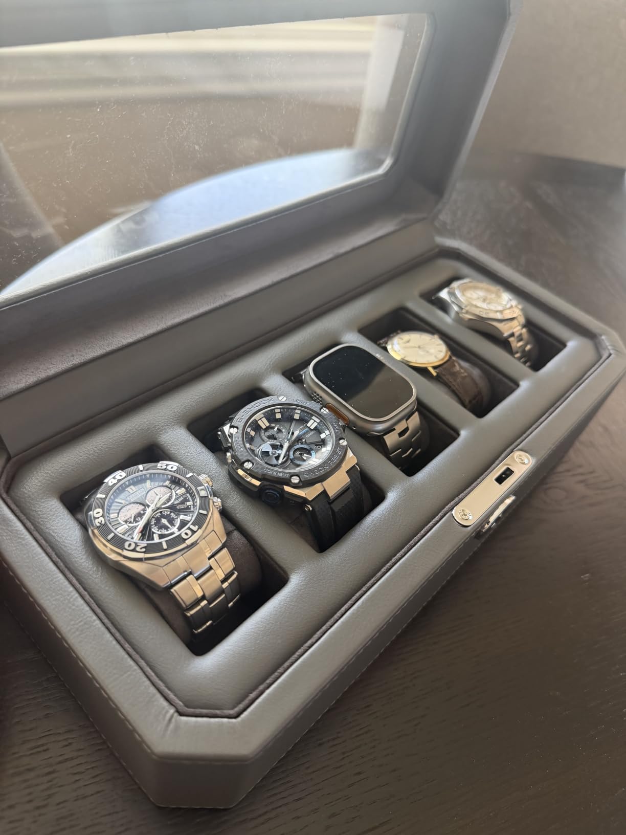 KAMIER Watch Boxes Uhrenbox 5 Fächer Schwarz PU-Leder Schloss