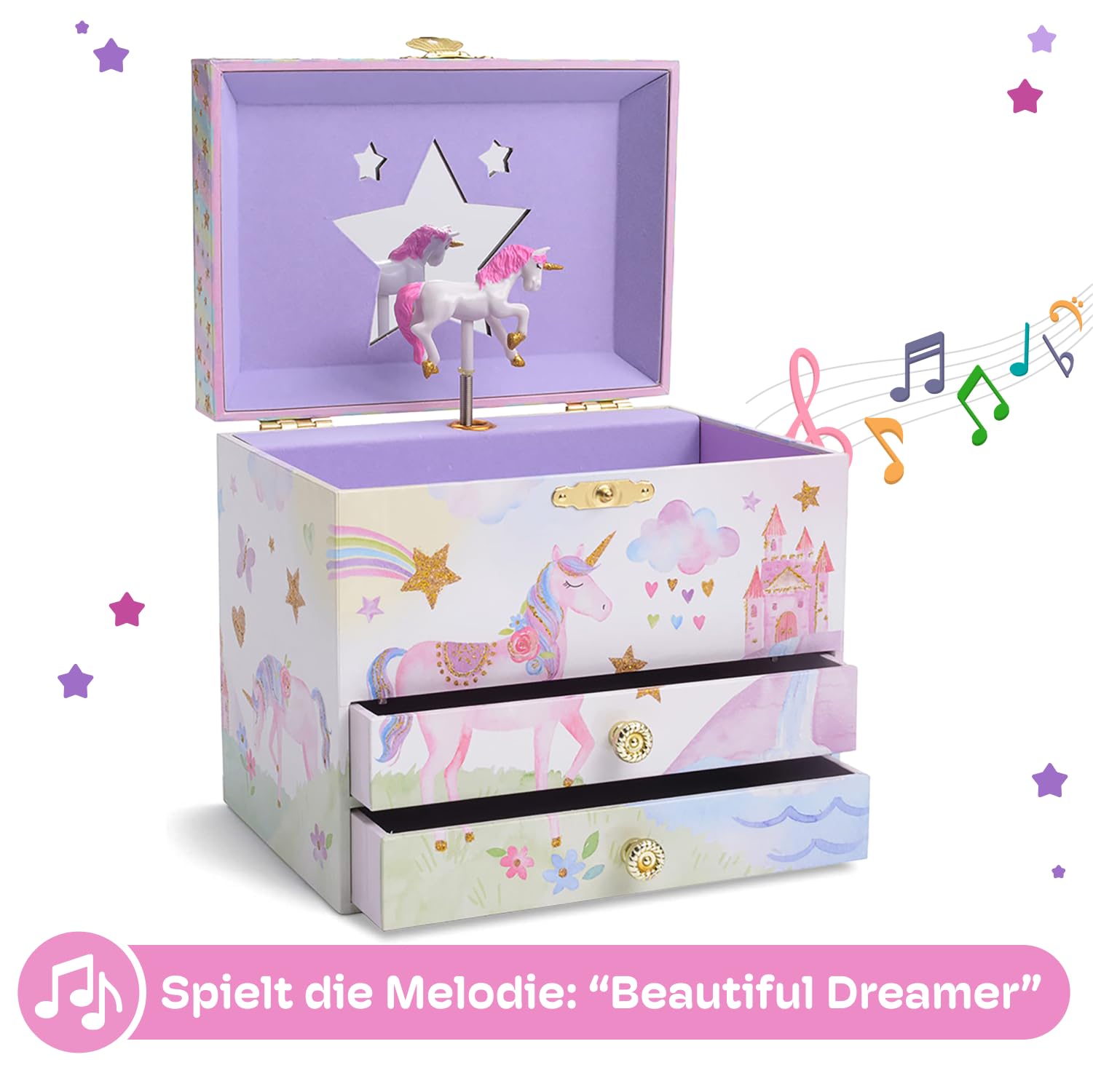 Jewelkeeper Unicorn Schmuckkästchen Glitzer 2 Laden Dreamer-Melodie