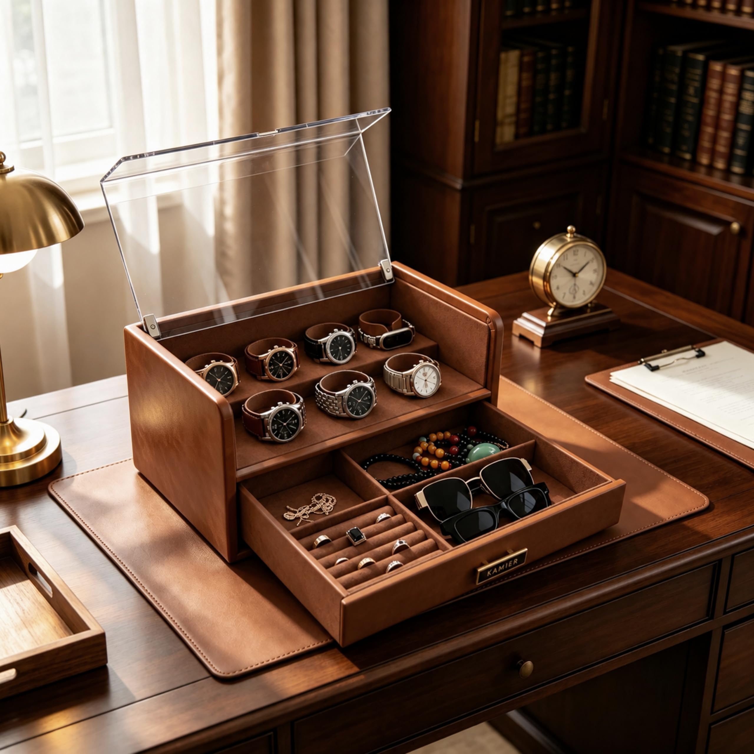 KAMIER Watch Boxes Uhrenbox Braun 7 Fächer Glasdeckel