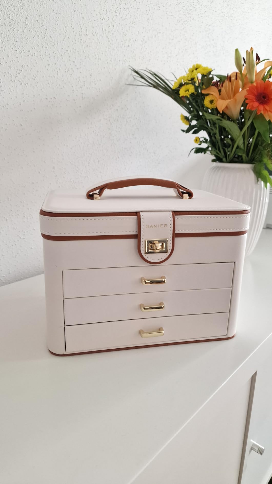 KAMIER Large Jewelry Boxes Schmuckkästchen Beige 4 Ebenen mit Spiegel