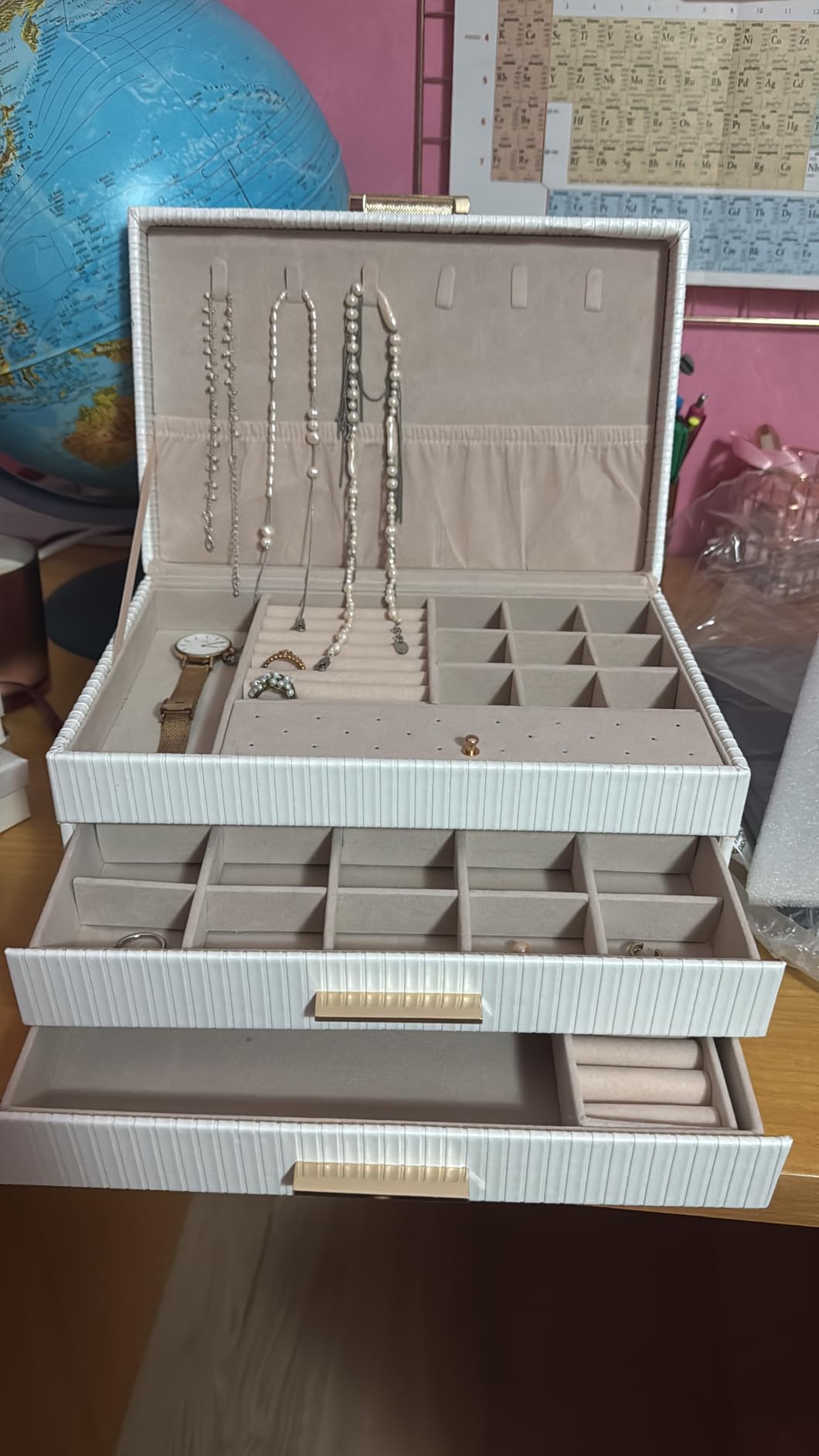 Dajasan Large Jewelry Box Schmuckkästchen Weiß 3 Ebenen Leder