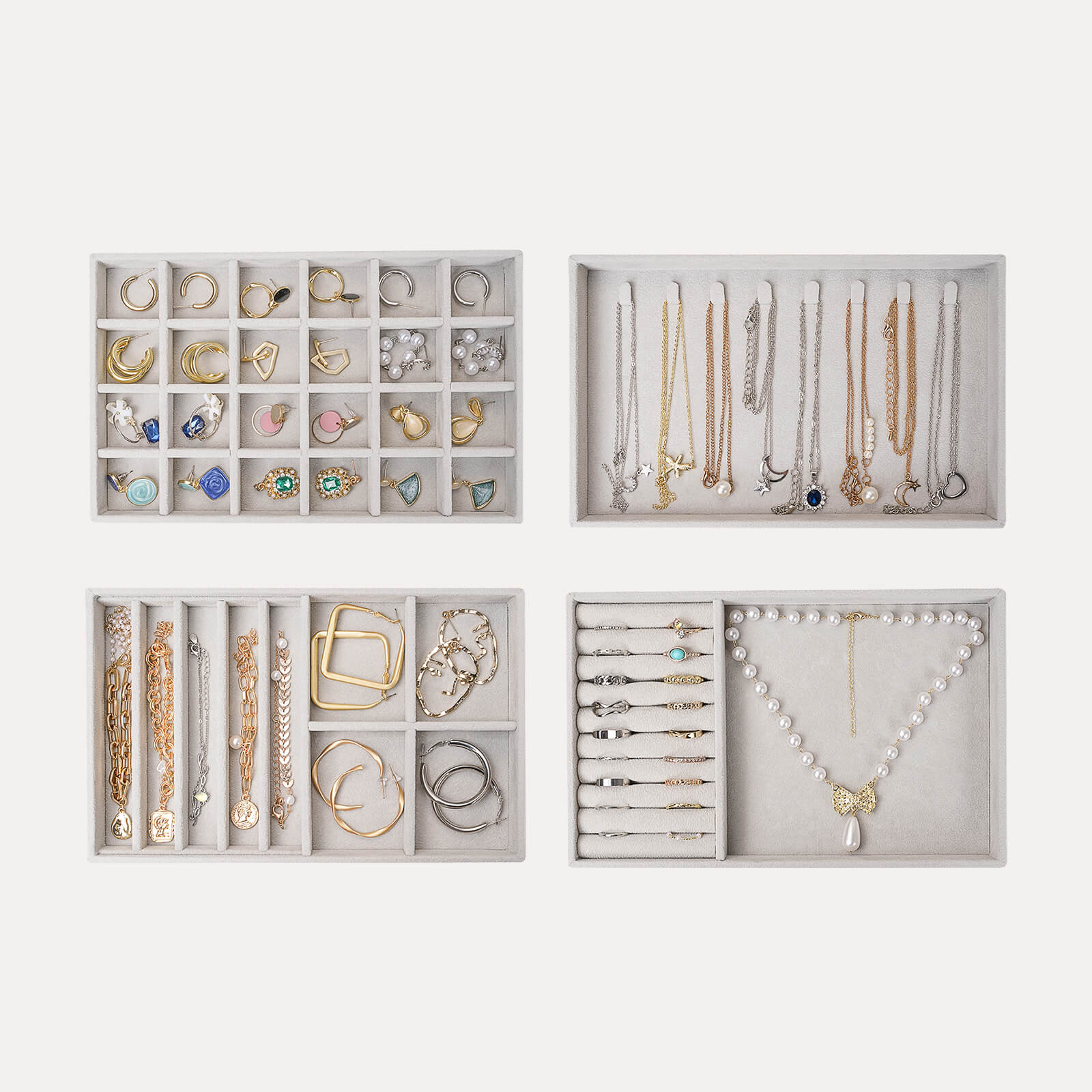 Lolalet Jewelry Tray Schmucktablett Grau 4er-Set stapelbar Samt