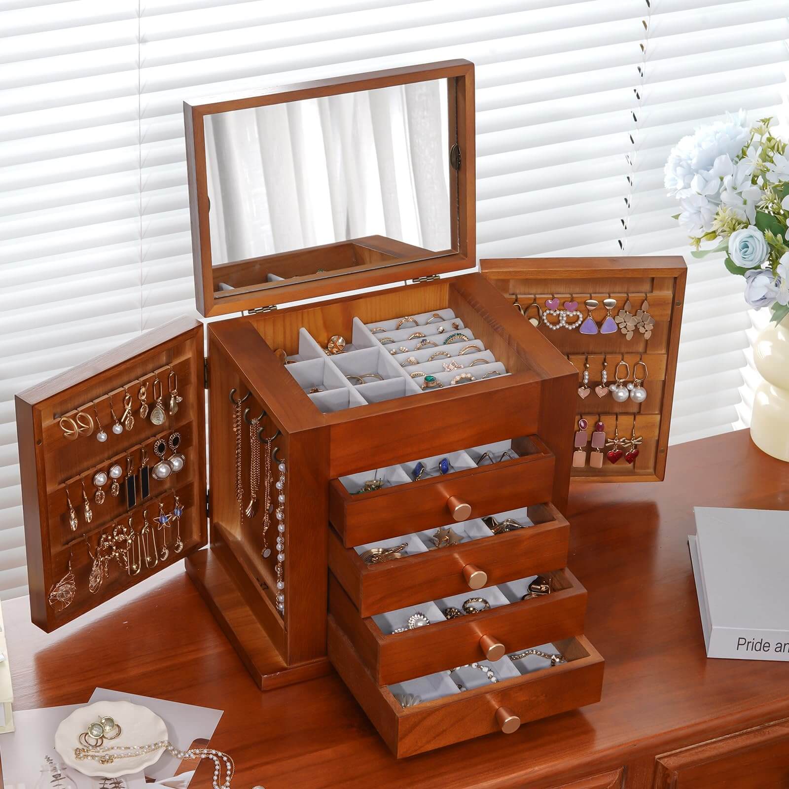 Lolalet Jewelry Box Holz Schmuckkästchen Spiegel Braun Groß