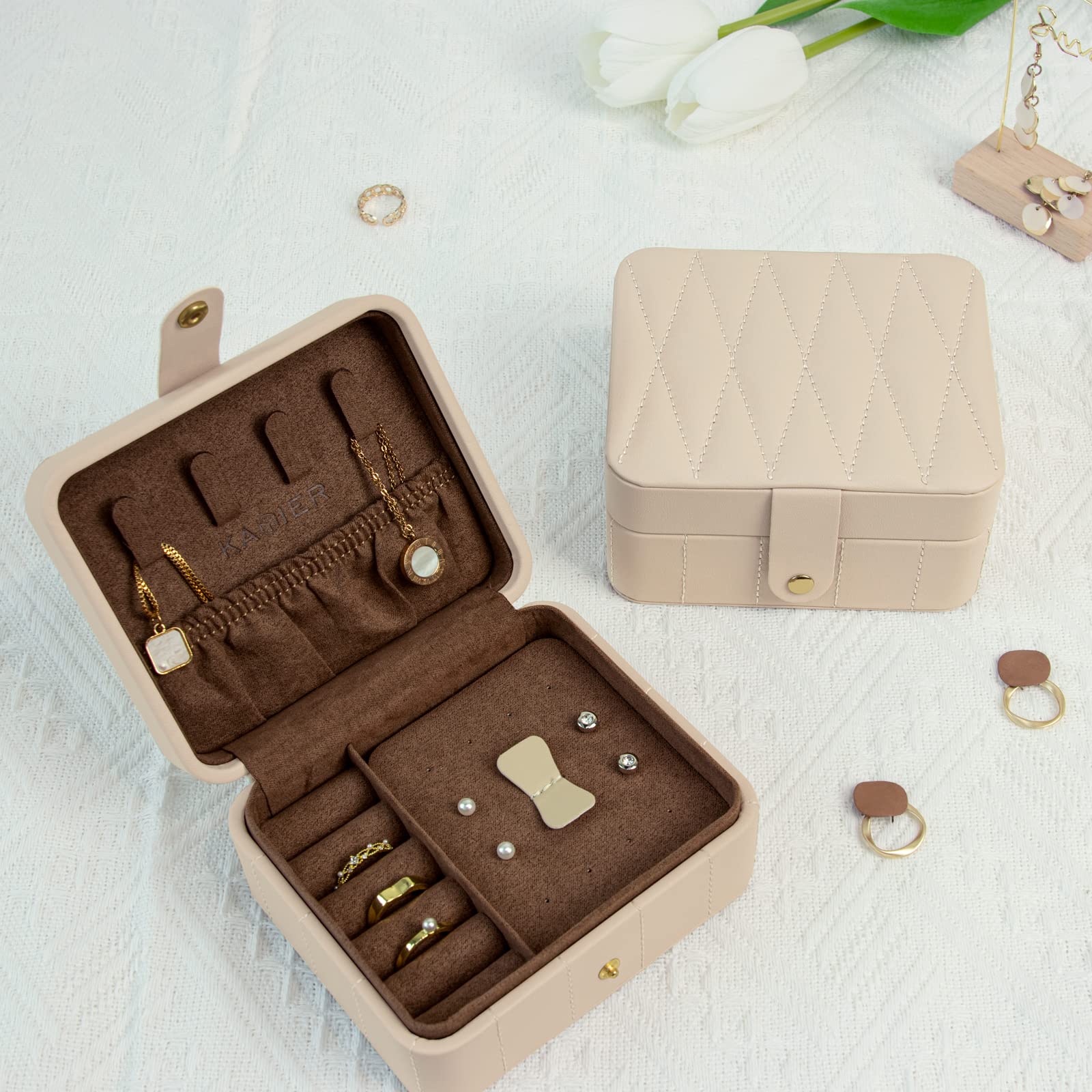 KAMIER Mini Schmuckkästchen Reise Schmuckbox Beige Leder