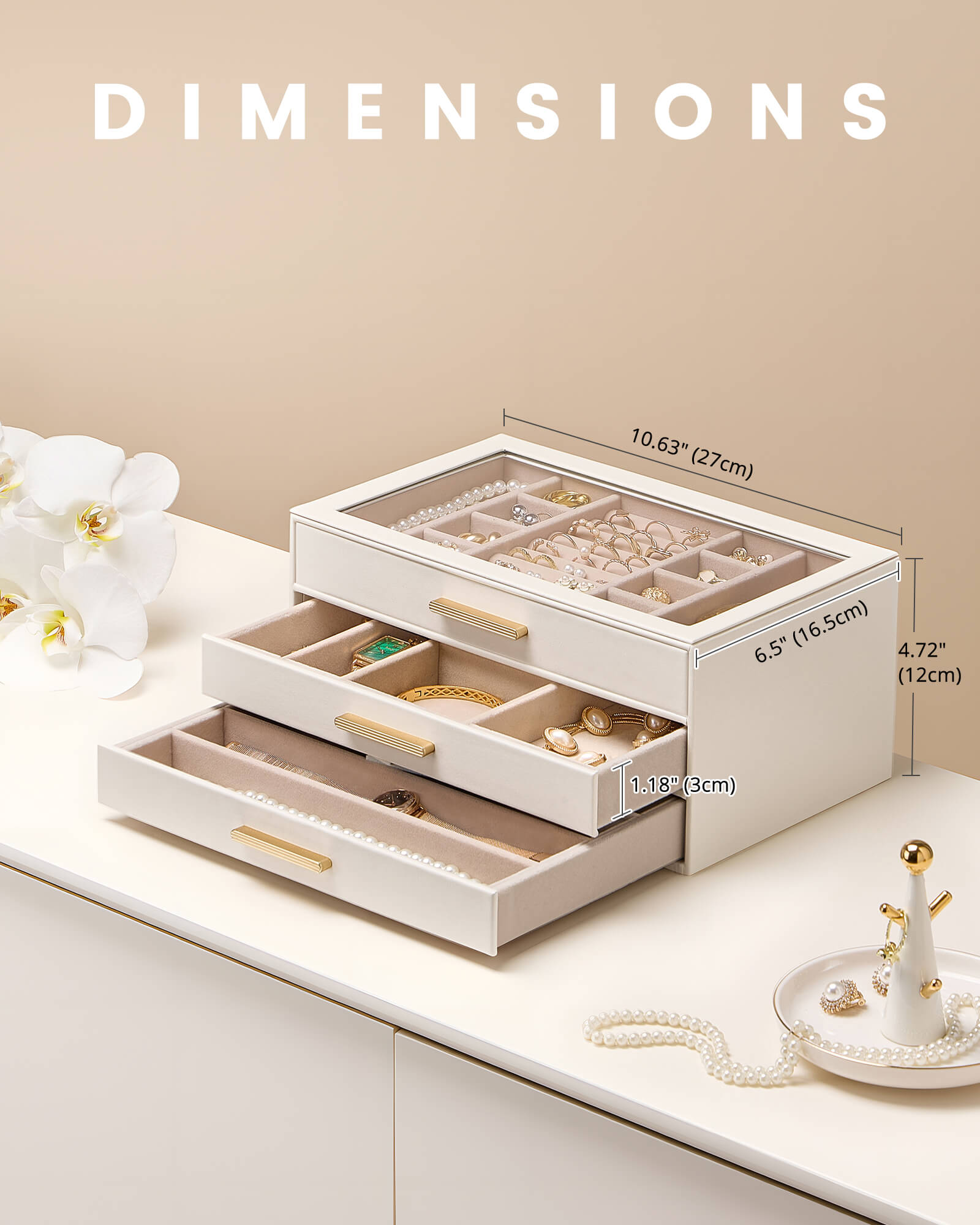 Lolalet Jewelry Box Schmuckkästchen Beige 5-lagig Glasdeckel