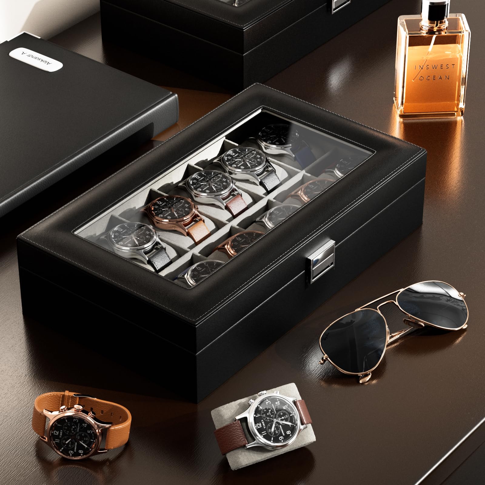 Lolalet Watch Box Uhrenbox Schwarz 12 Fächer Glasdeckel