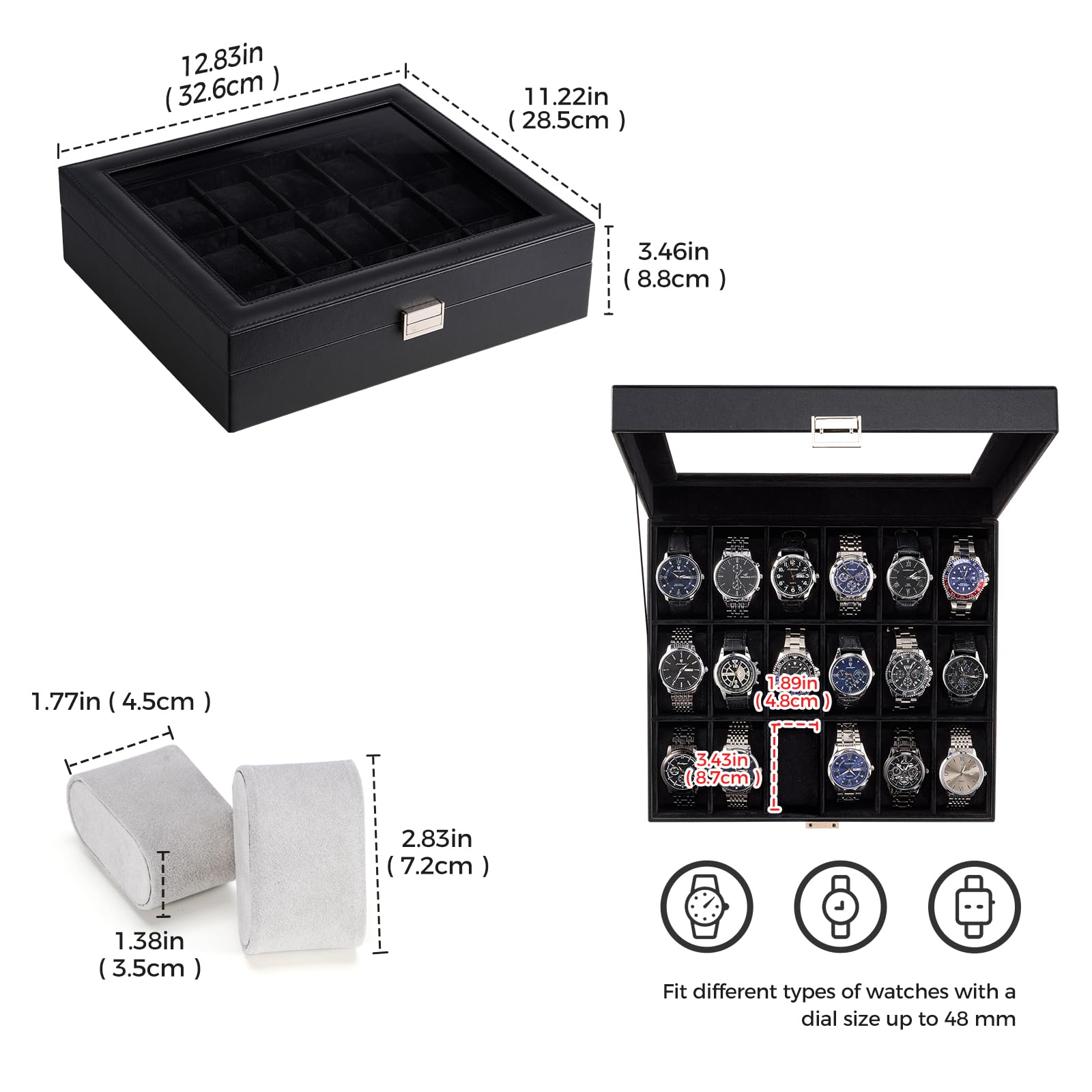 Lolalet Watch Box Uhrenbox Schwarz 6 Fächer Glasdeckel