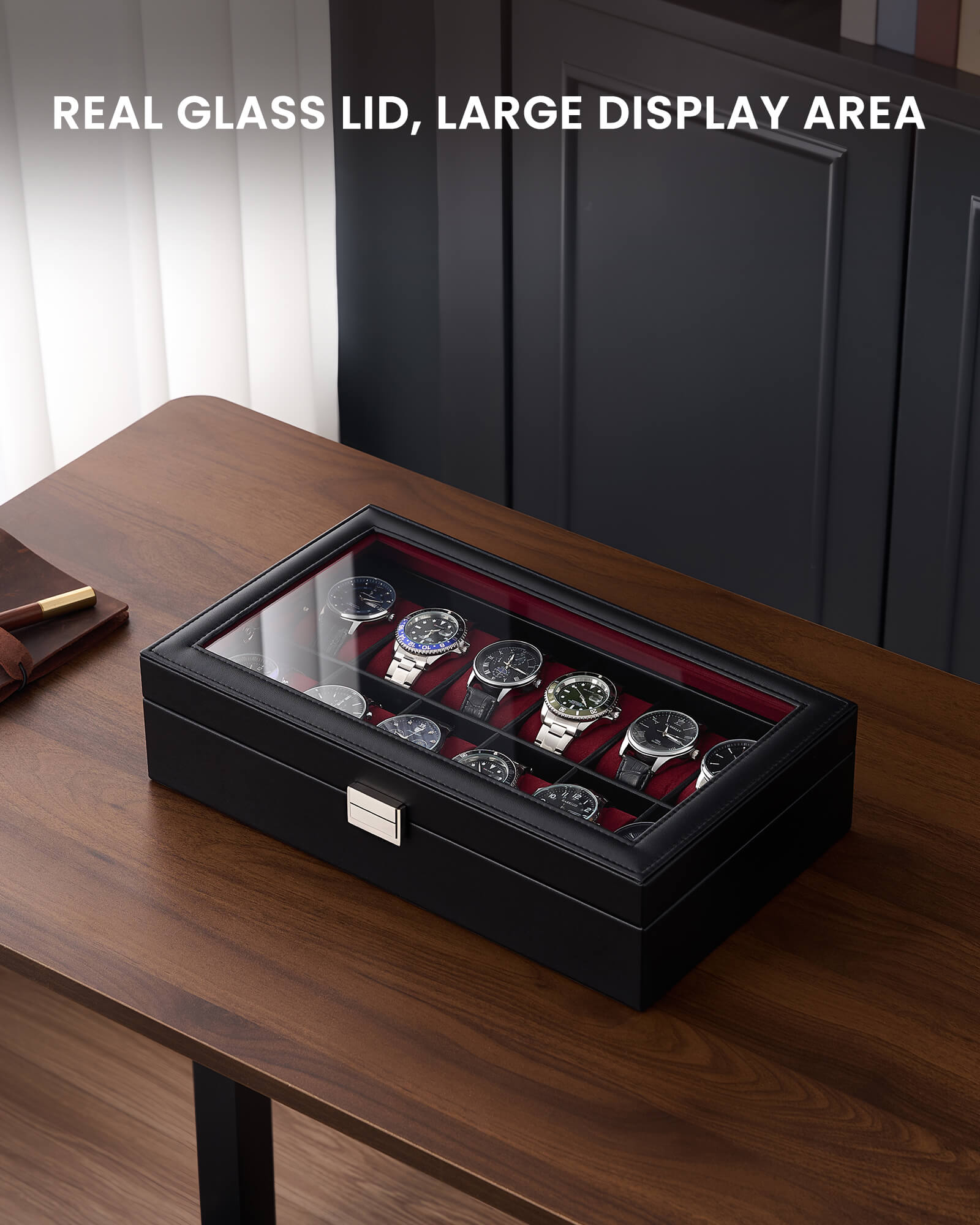 Lolalet Watch Box Uhrenbox 12 Fächer Schwarz 1-lagig Glas