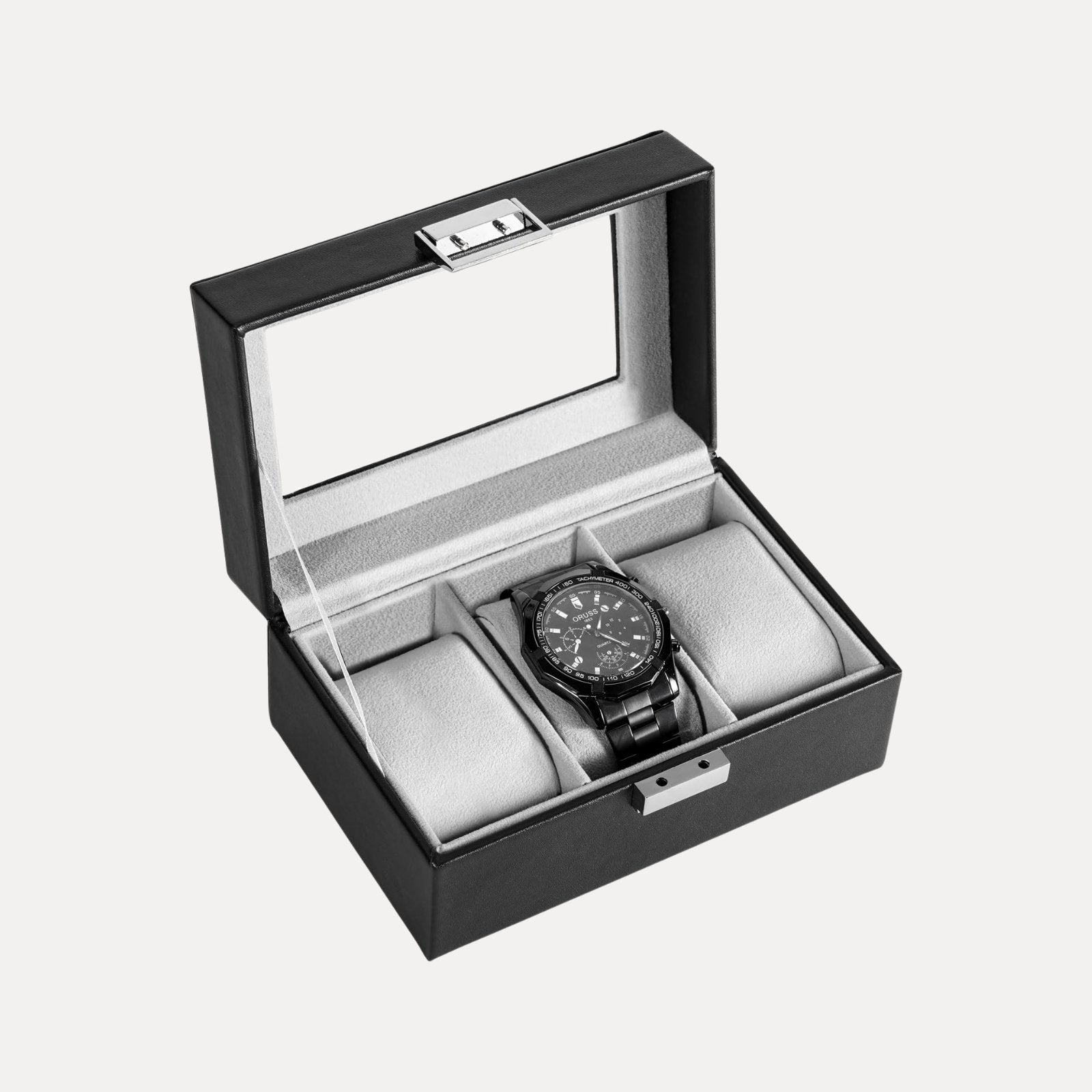 Lolalet Watch Box Uhrenbox Schwarz PU Glasdeckel Kissen