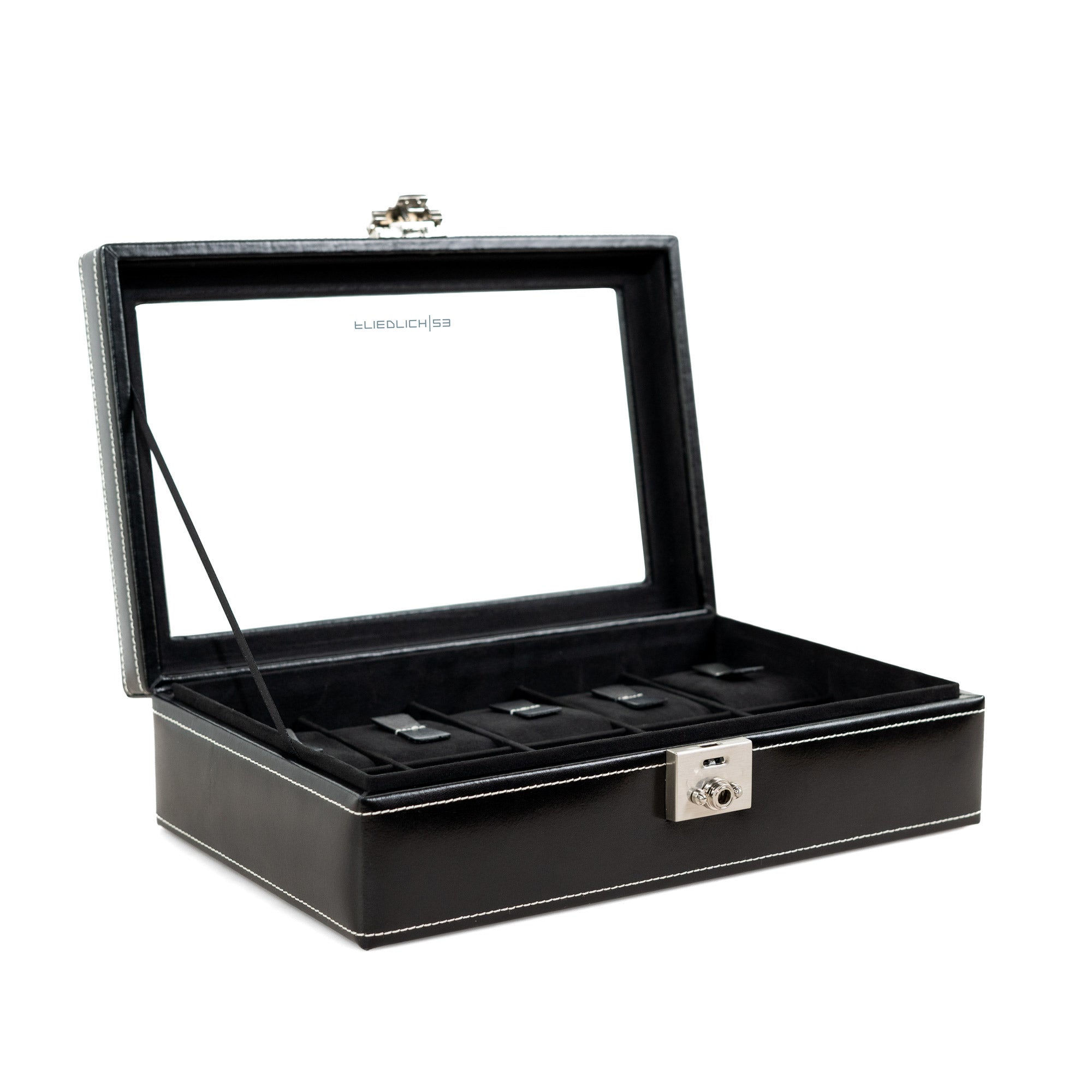 Friedrich 23 London Uhrenbox 10 Uhren Glasdeckel Leder Schwarz